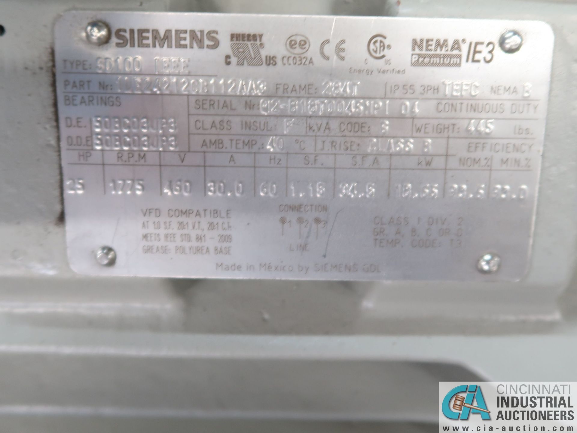 25 HP SIEMENS TYPE SD100 IEEE ELECTRIC MOTOR, 1,775 RPM (NEW) - Image 2 of 2