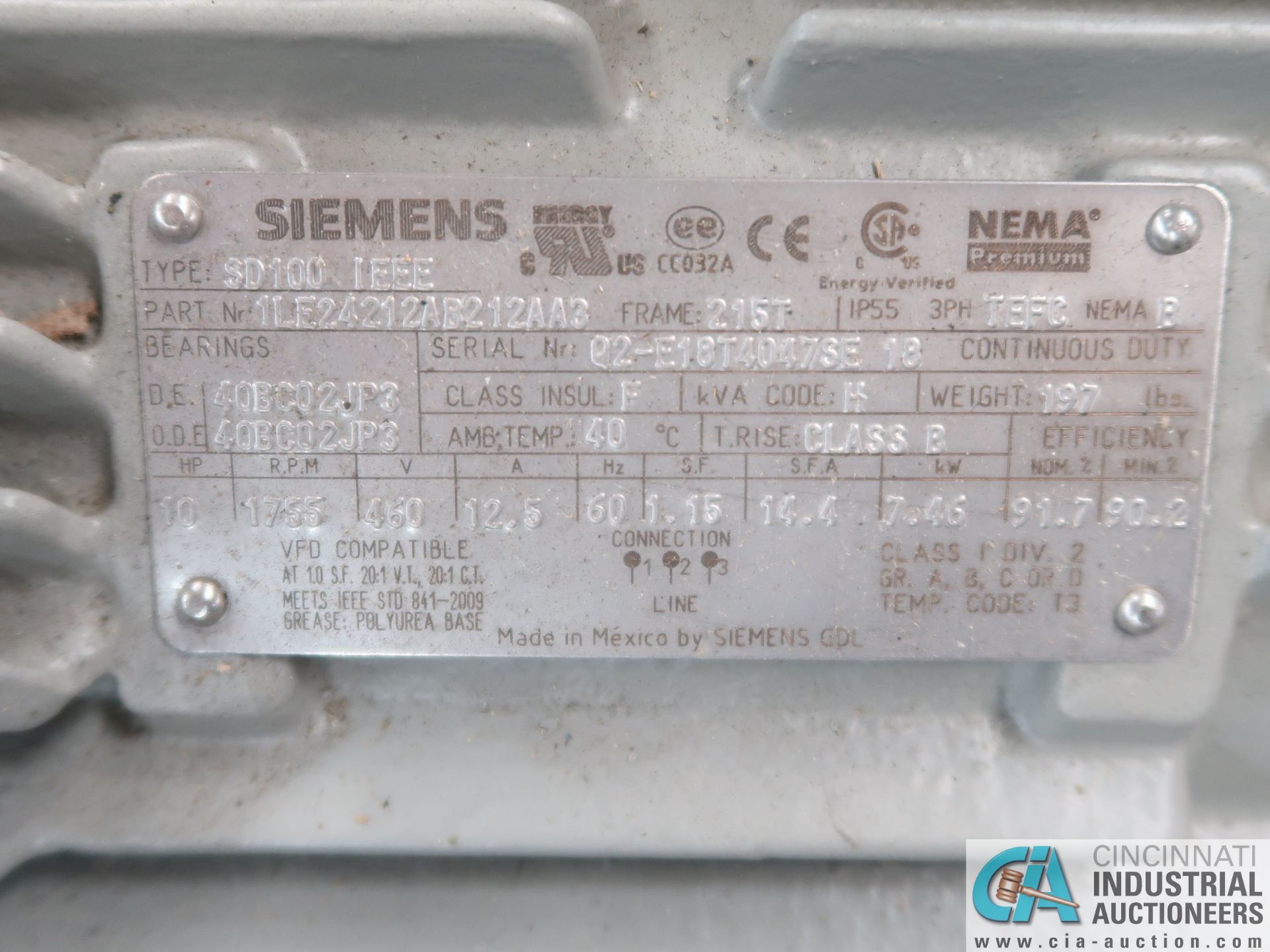 10 HP SEIMENS TYPE SD100 IEEE ELECTRIC MOTOR, 1,755 RPM (NEW) - Image 2 of 2