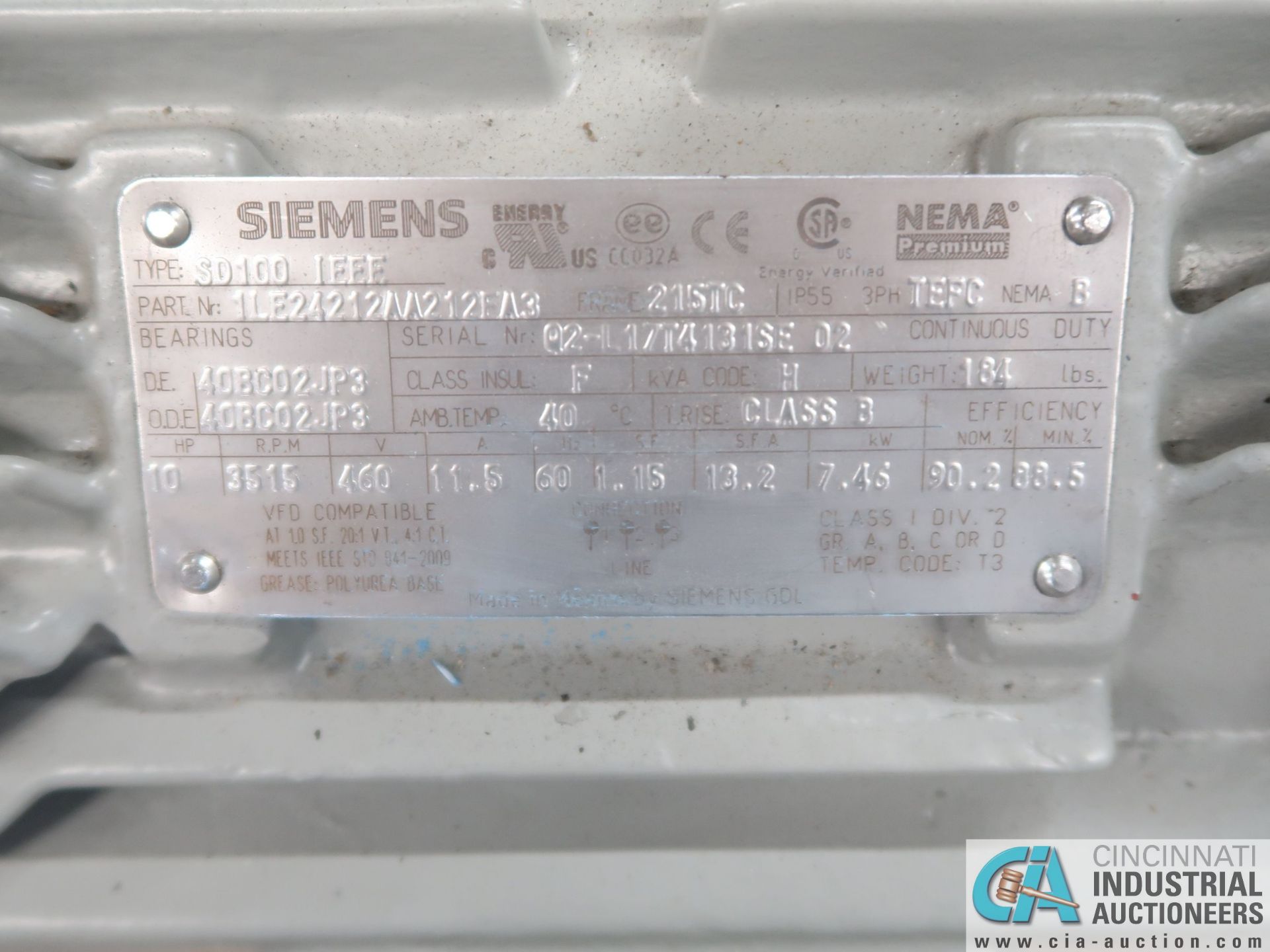 10 HP SEIMENS TYPE SD100 IEEE ELECTRIC MOTOR, 3,515 RPM (NEW) - Image 2 of 2