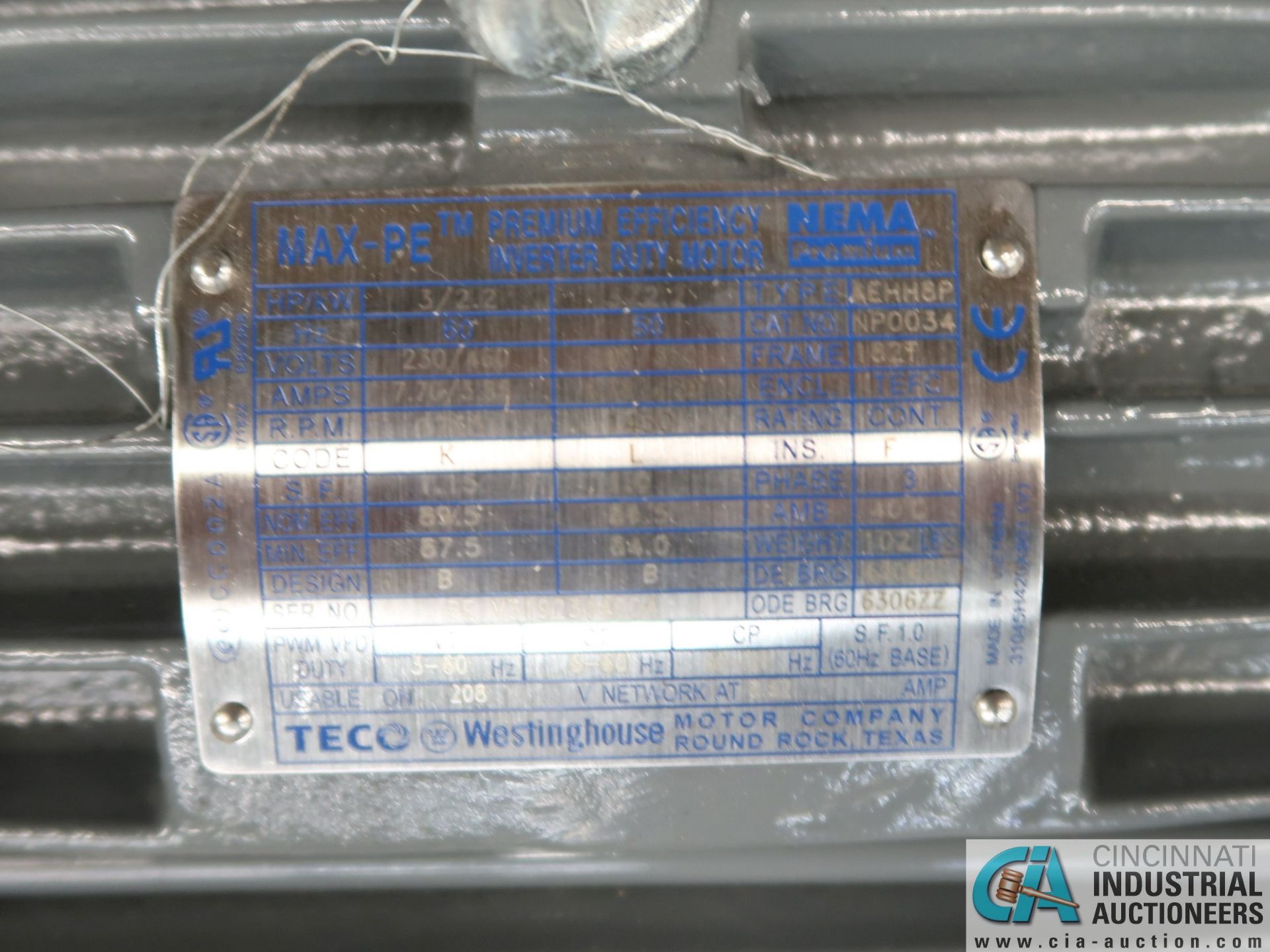 3 HP WESTINGHOUSE TYPE AEHH8P ELECTRIC MOTOR, 1,755 RPM (NEW) - Image 2 of 2