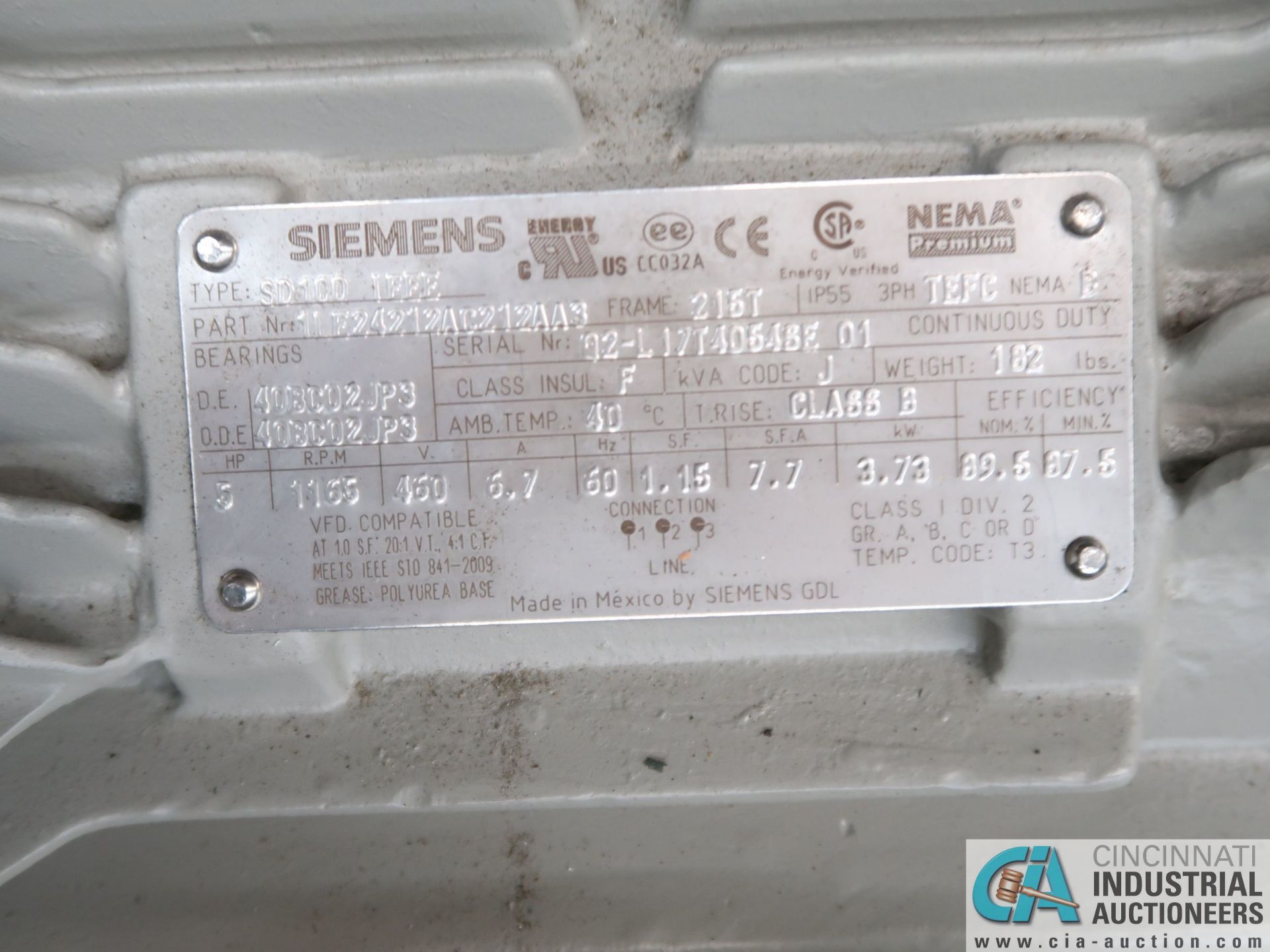5 HP SIEMENS SD100 IEEE ELECTRIC MOTOR, 1,155 RPM (NEW) - Image 2 of 2
