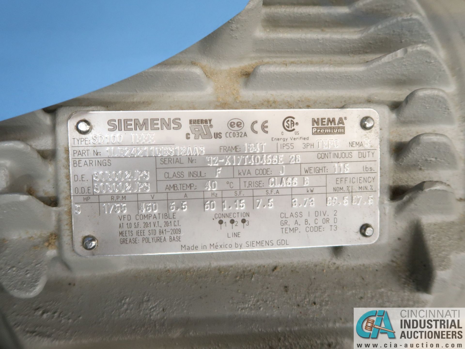 5 HP SIEMENS TYPE SD100 IEEE ELECTRIC MOTOR, 1,755 RPM (NEW) - Image 2 of 2