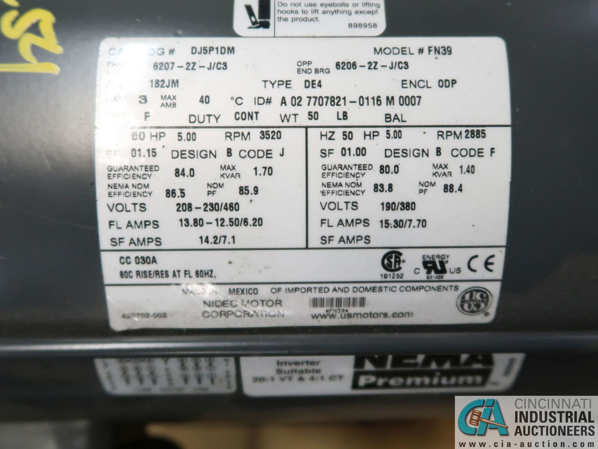 5 HP NIDEC MODEL FN39 ELECTRIC MOTOR, 3,520 RPM (NEW) - Image 2 of 2