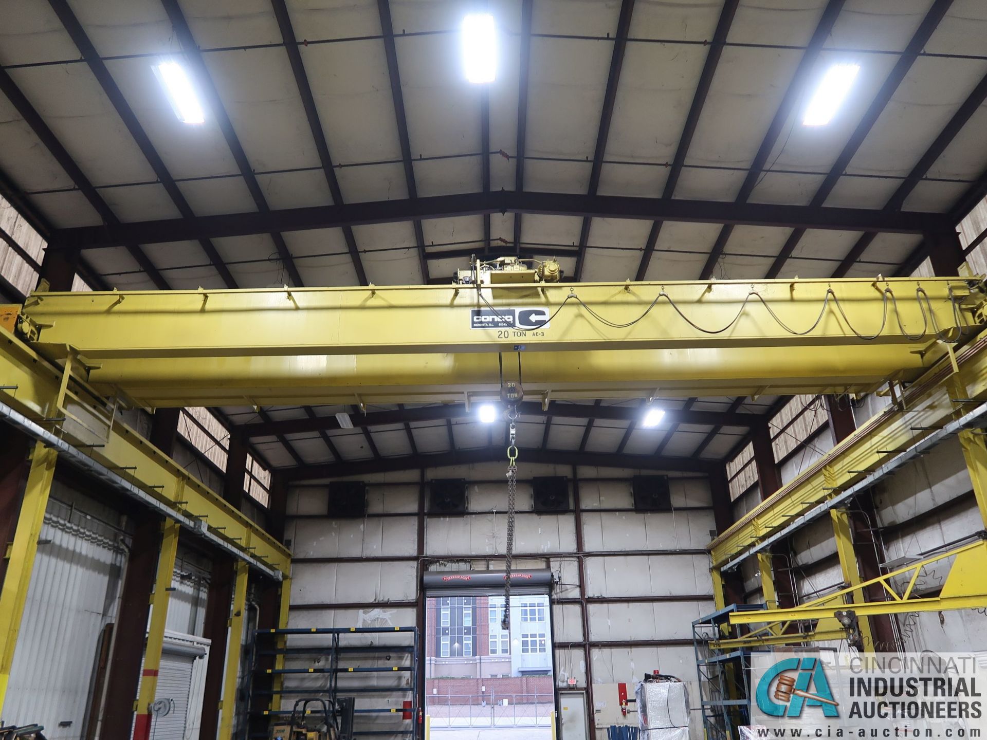 20 TON X 56' (APPROX.) SPAN DOUBLE GIRDER TOP RUNNING OVERHEAD BRIDGE CRANE; S/N 9160, RADIO REMOTE