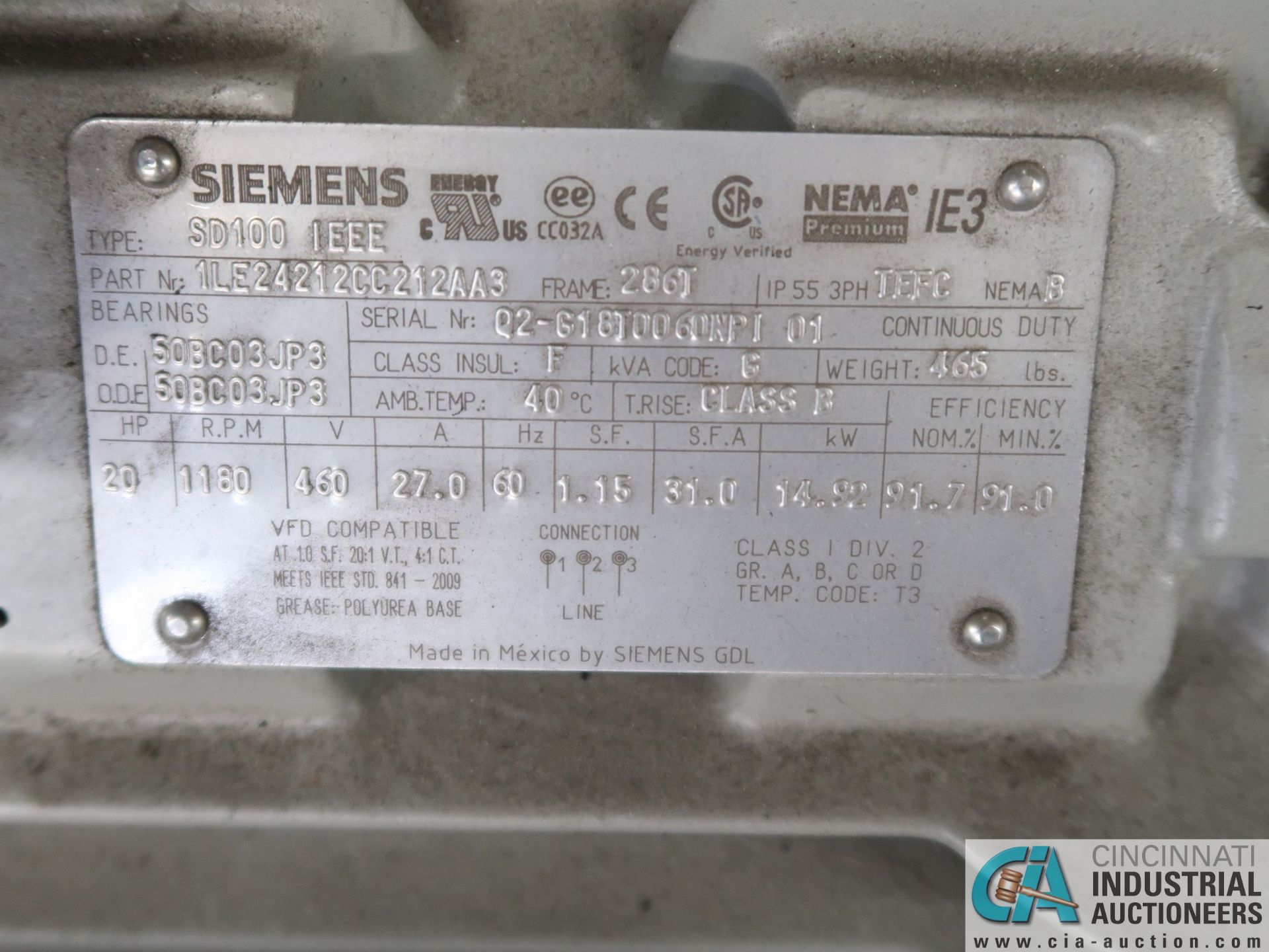 20 HP SIEMENS TYPE SD100 IEEE ELECTRIC MOTOR, 1,180 RPM (NEW) - Image 2 of 2