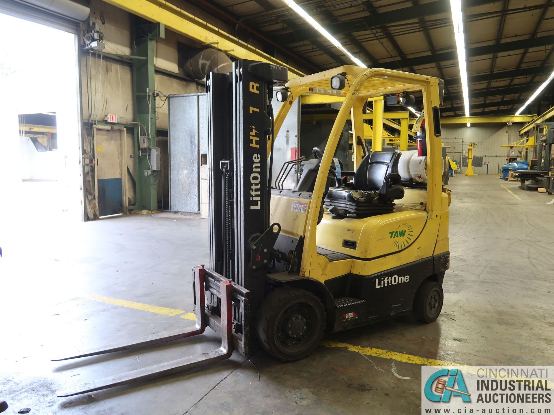 5,000 LB. HYSTER S50FT SOLID TIRE LP GAS LIFT TRUCK; S/N G187V03303M, 3-STAGE MAST, 82" MAST HEIGHT,