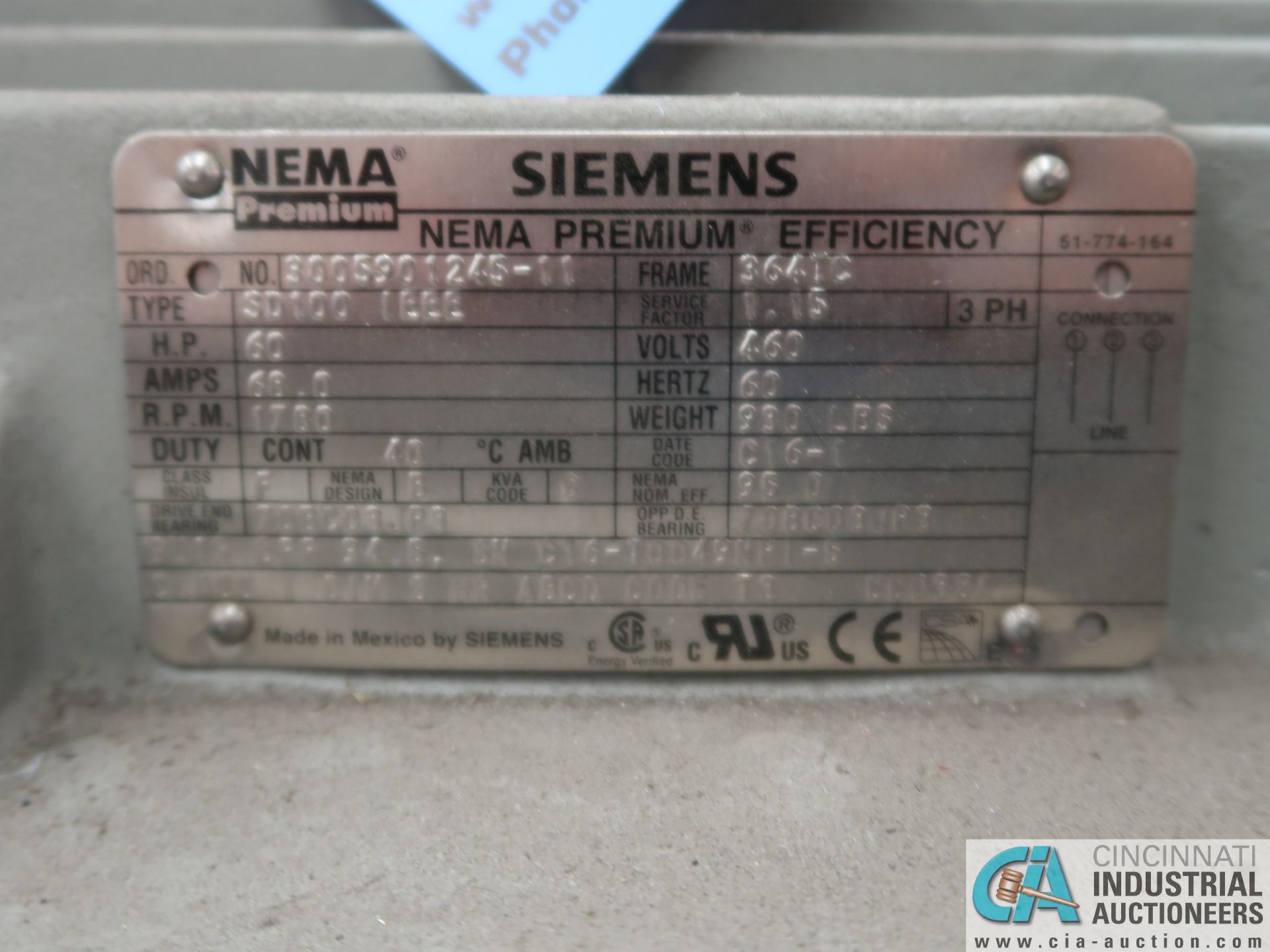 60 HP SIEMENS TYPE SD100 IEEE ELECTRIC MOTOR, 1,780 RPM (NEW) - Image 2 of 2