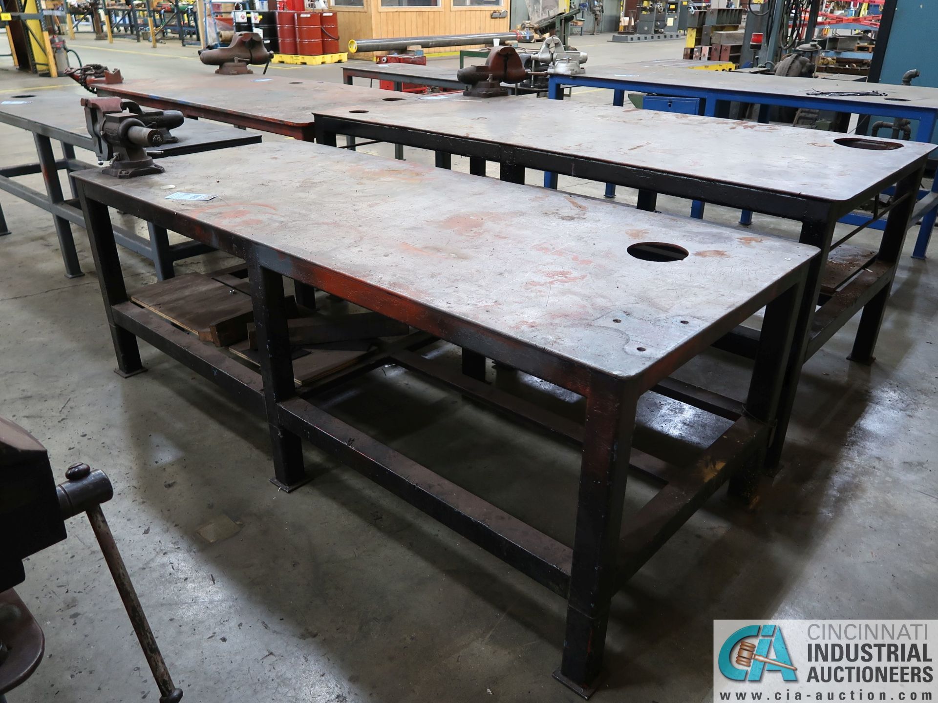 41" X 98" HEAVY DUTY STEEL TABLE, WITH 4" VISE, 20,000 LB. LOAD
