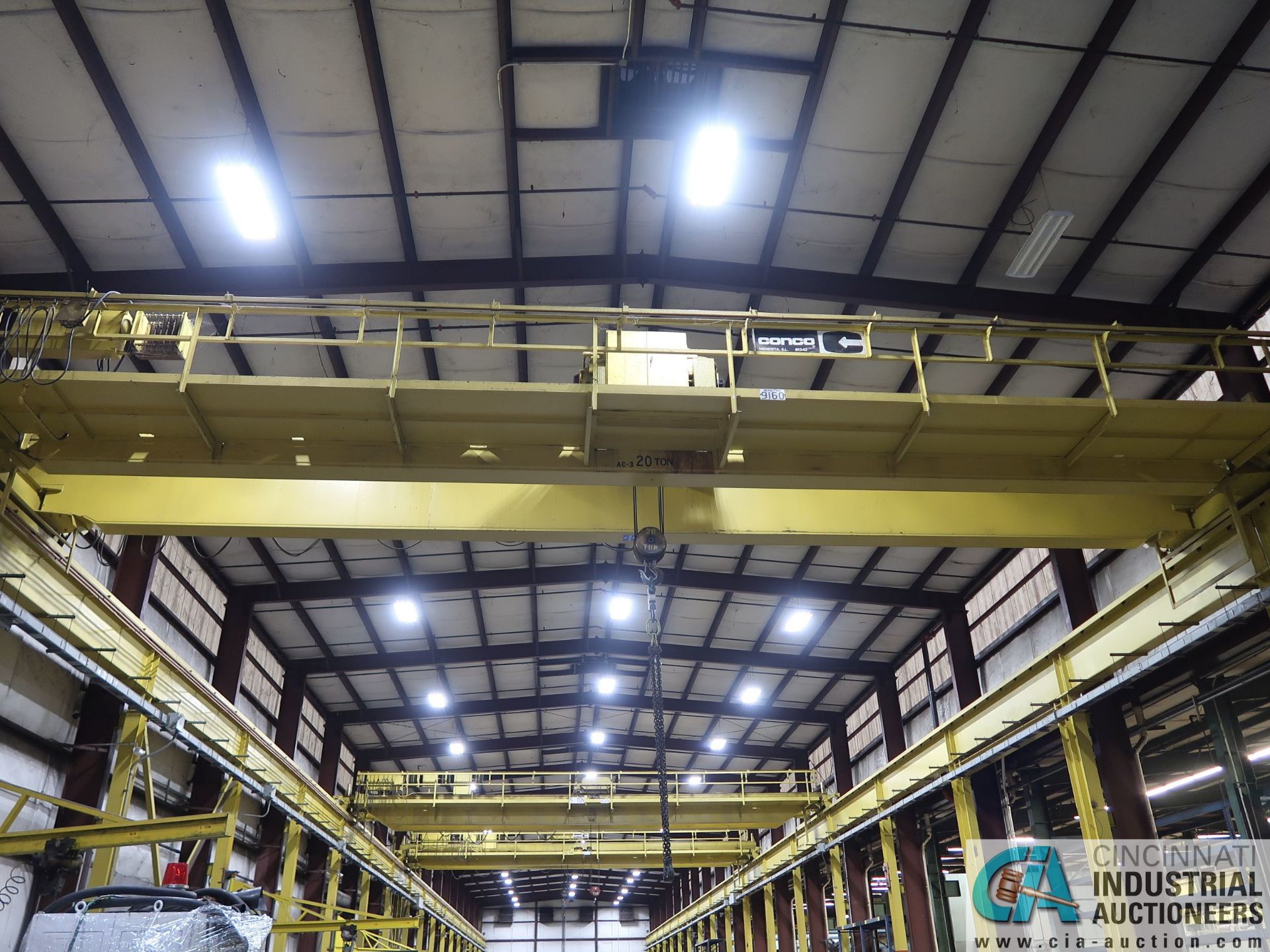 20 TON X 56' (APPROX.) SPAN DOUBLE GIRDER TOP RUNNING OVERHEAD BRIDGE CRANE; S/N 9160, RADIO REMOTE - Image 8 of 9