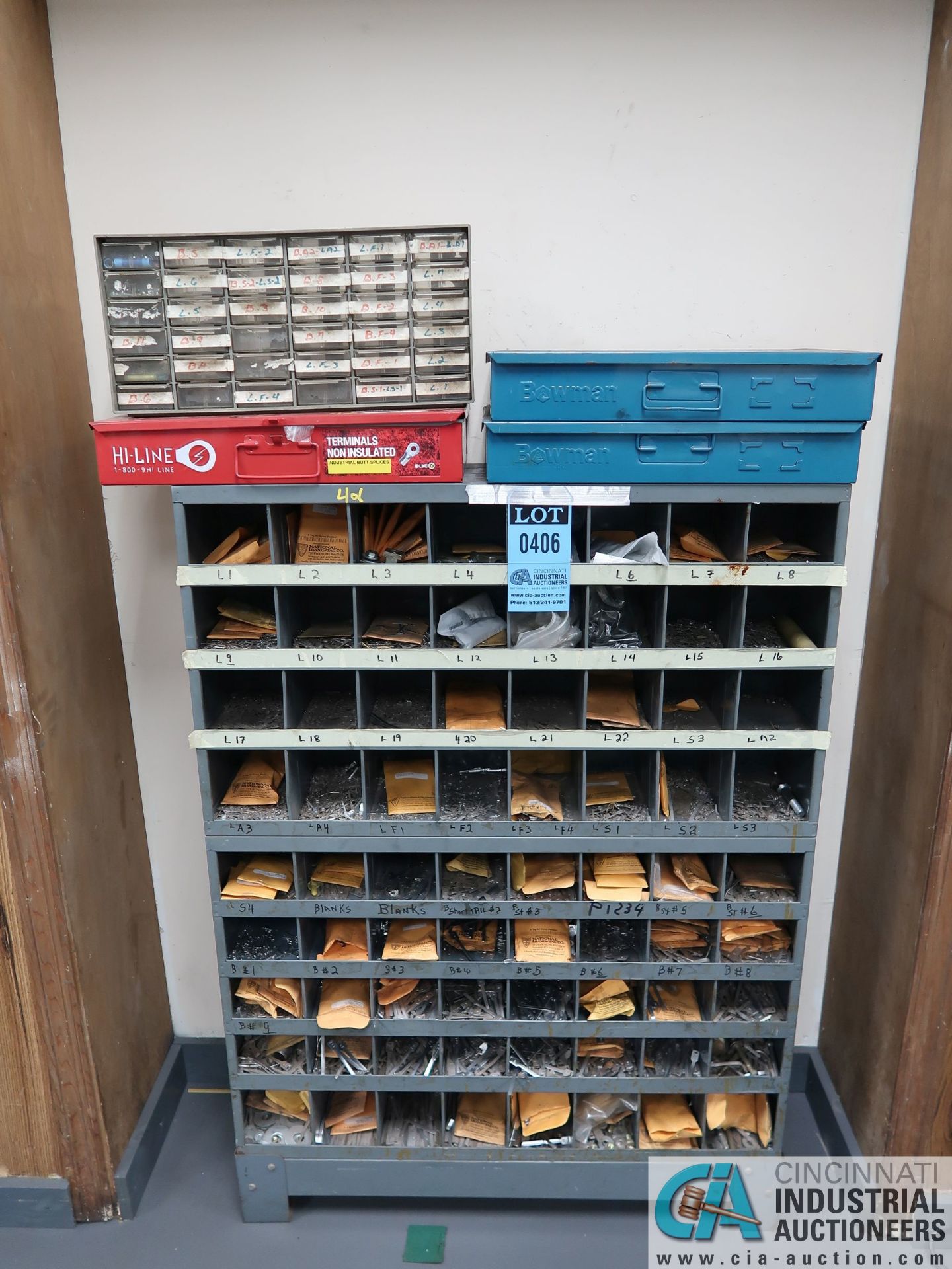 72-COMPARTMENT PIGEON HOLE HARDWARE CABINET WITH METAL TAGS