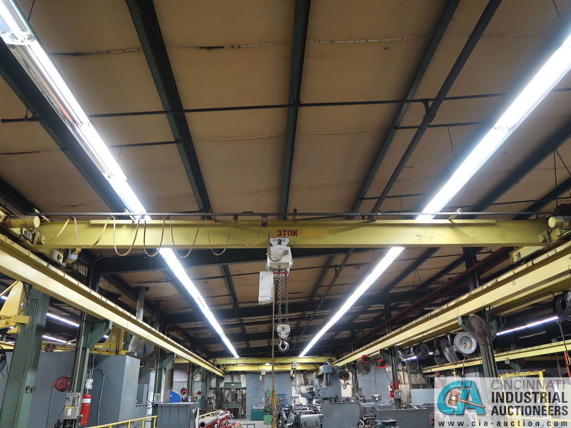 3 TON X 28' (APPROX.) SINGLE GIRDER TOP RUNNING OVERHEAD BRIDGE CRANE, 3 TON COFFING CHAIN HOIST,