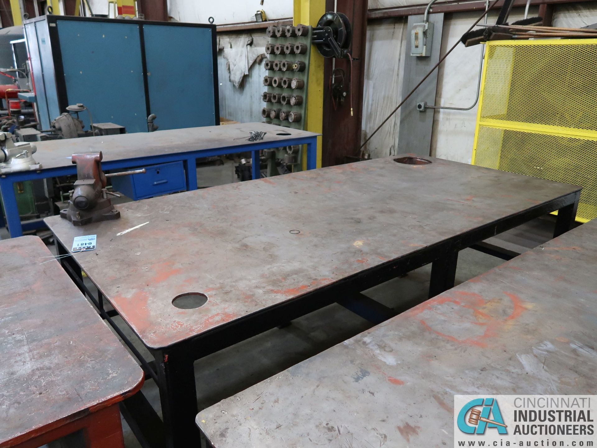 48" X 98" HEAVY DUTY STEEL TABLE, WITH 5" VISE, 20,000 LB. LOAD