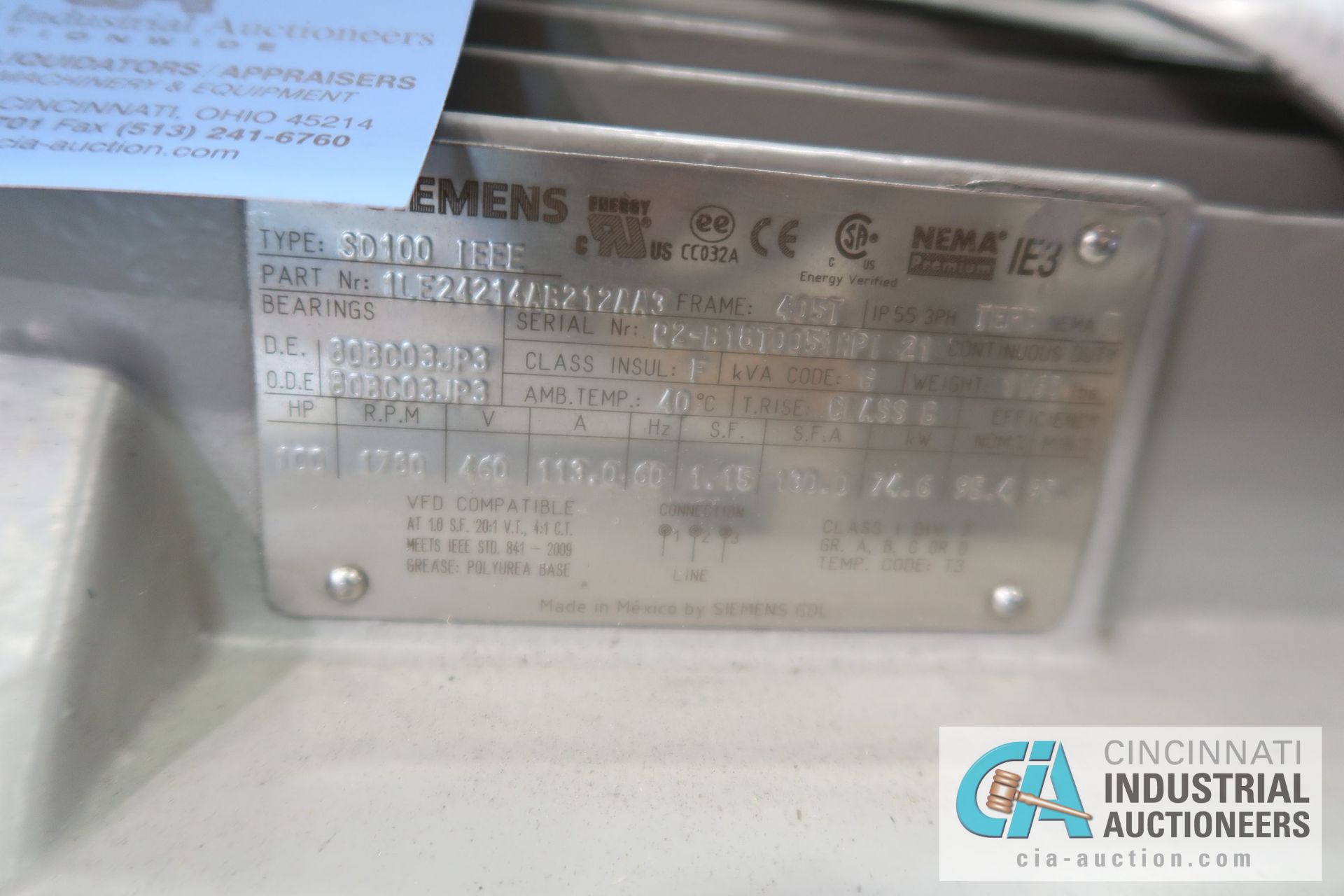 100 HP SIEMENS TYPE SD100-1EEE ELECTRIC MOTOR, 1,780 RPM (NEW) - Image 3 of 3