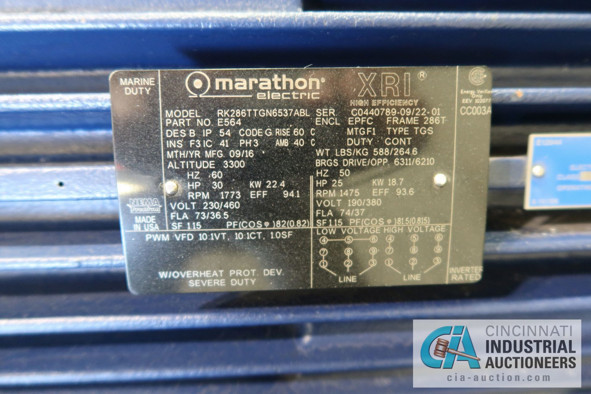 30 HP MARATHON PART NO. E564 ELECTRIC MOTOR, 1,475 RPM (NEW) - Image 3 of 3