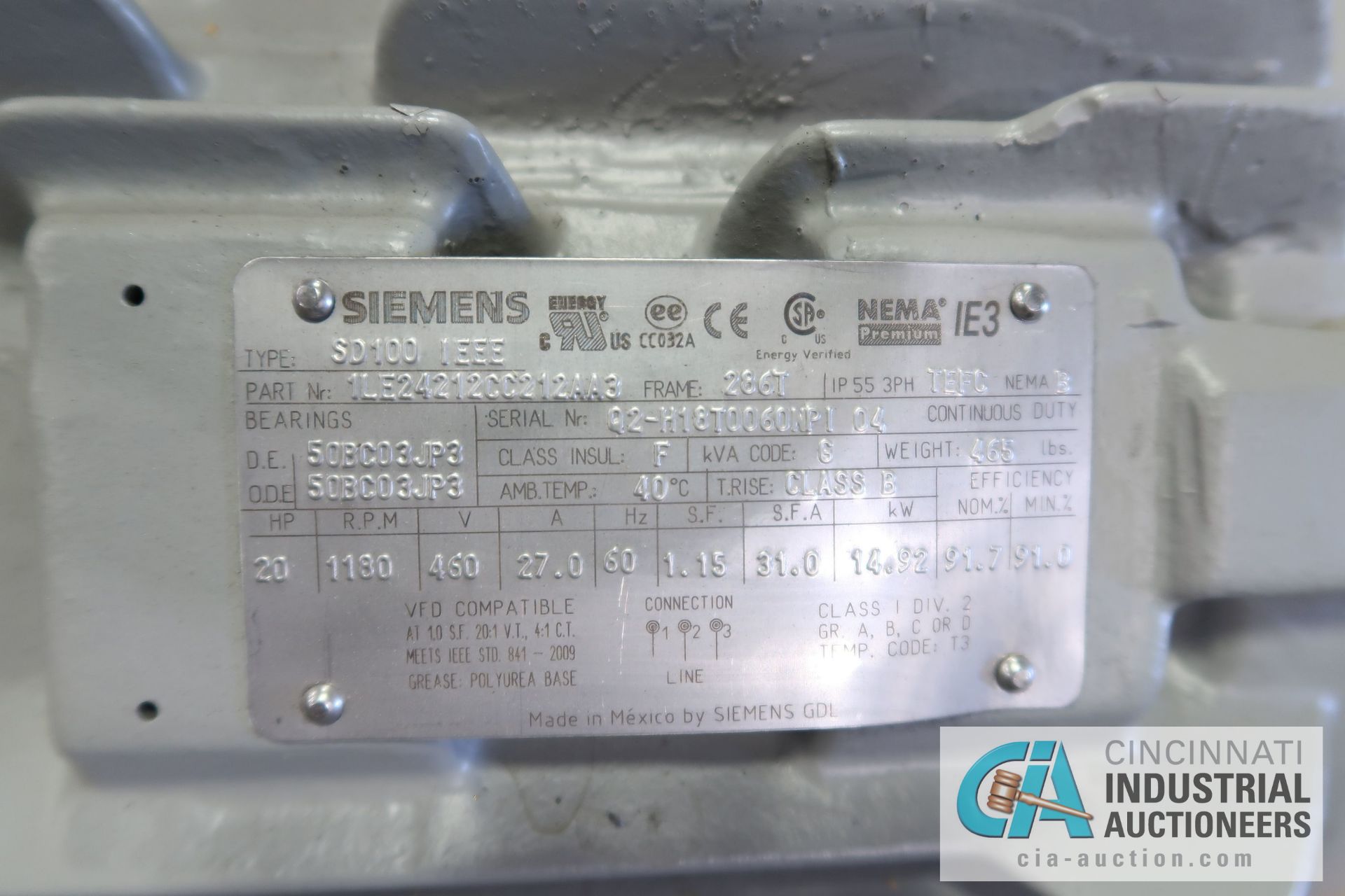 20 HP SIEMENS TYPE SD100-IEE FRAME 286T ELECTRIC MOTOR, 1,180 RPM - Image 3 of 3