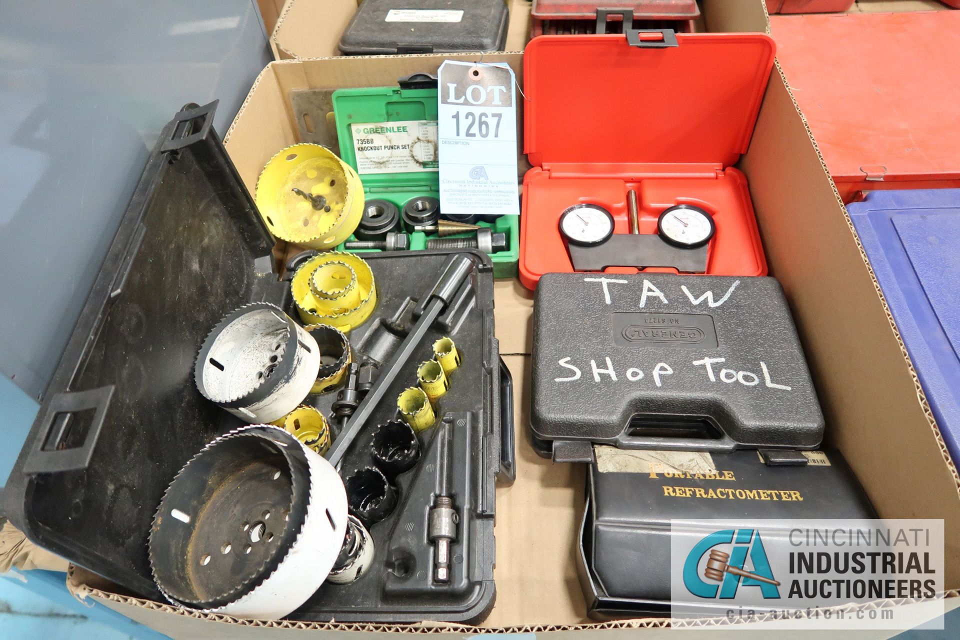 (LOT) GREENLESS 735BB KNOCK OUT SET, REFRACTOMETER, HOLS SAW KIT, SPI DIAL GAGE, TOOL KIT