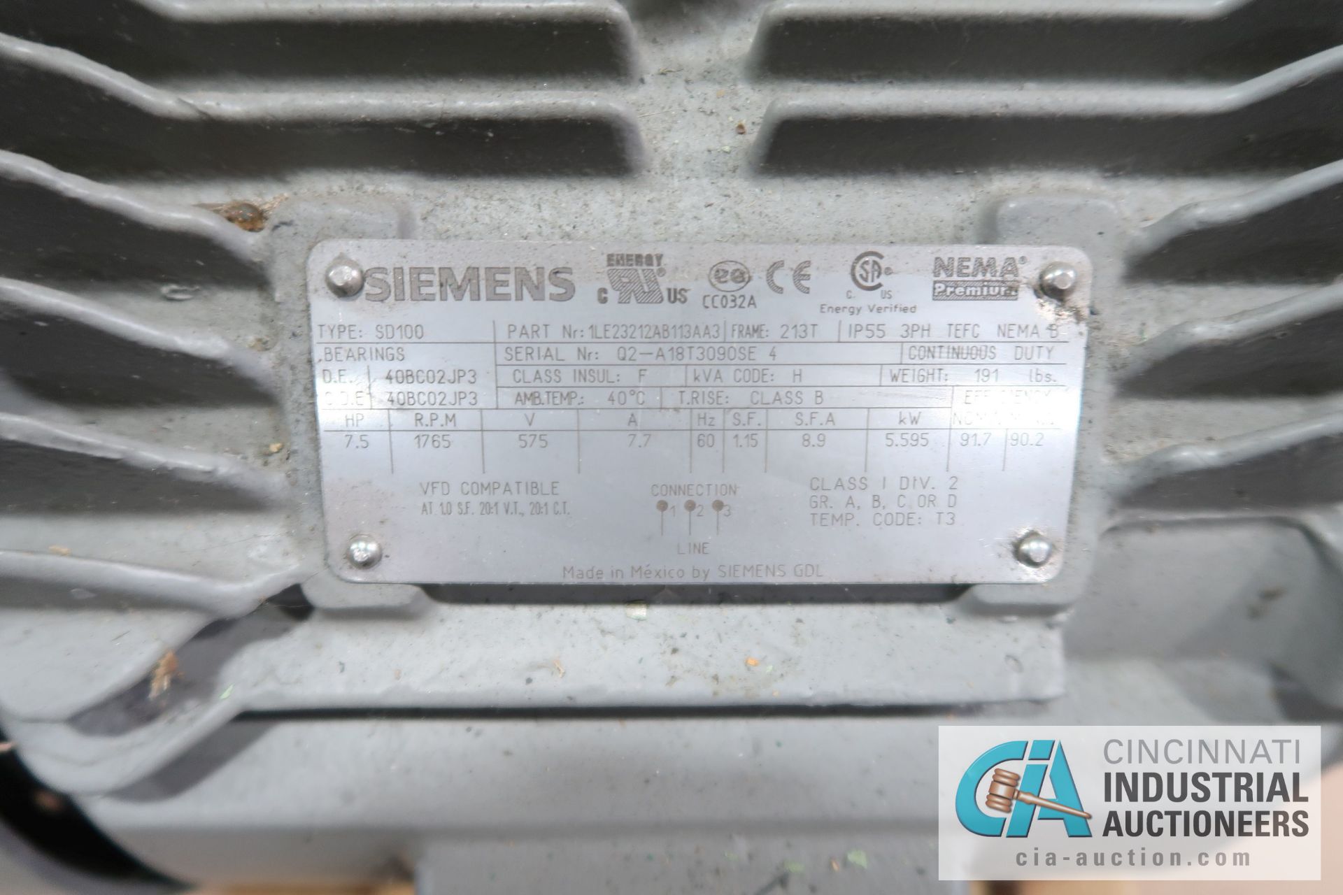 7-1/2 HP SIEMENS TYPE SD100 ELECTRIC MOTORS, 1,765 RPM (NEW) - Image 3 of 7