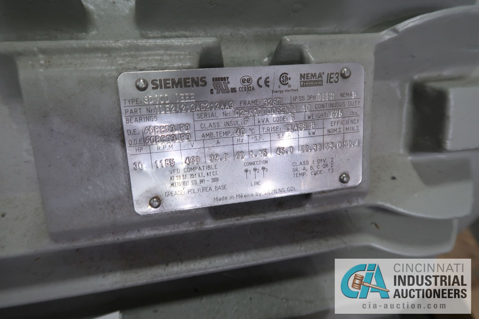 30 HP SIEMENS TYPE SD100-IEE FRAME 326T ELECTRIC MOTOR, 1,185 RPM (NEW) - Image 3 of 3