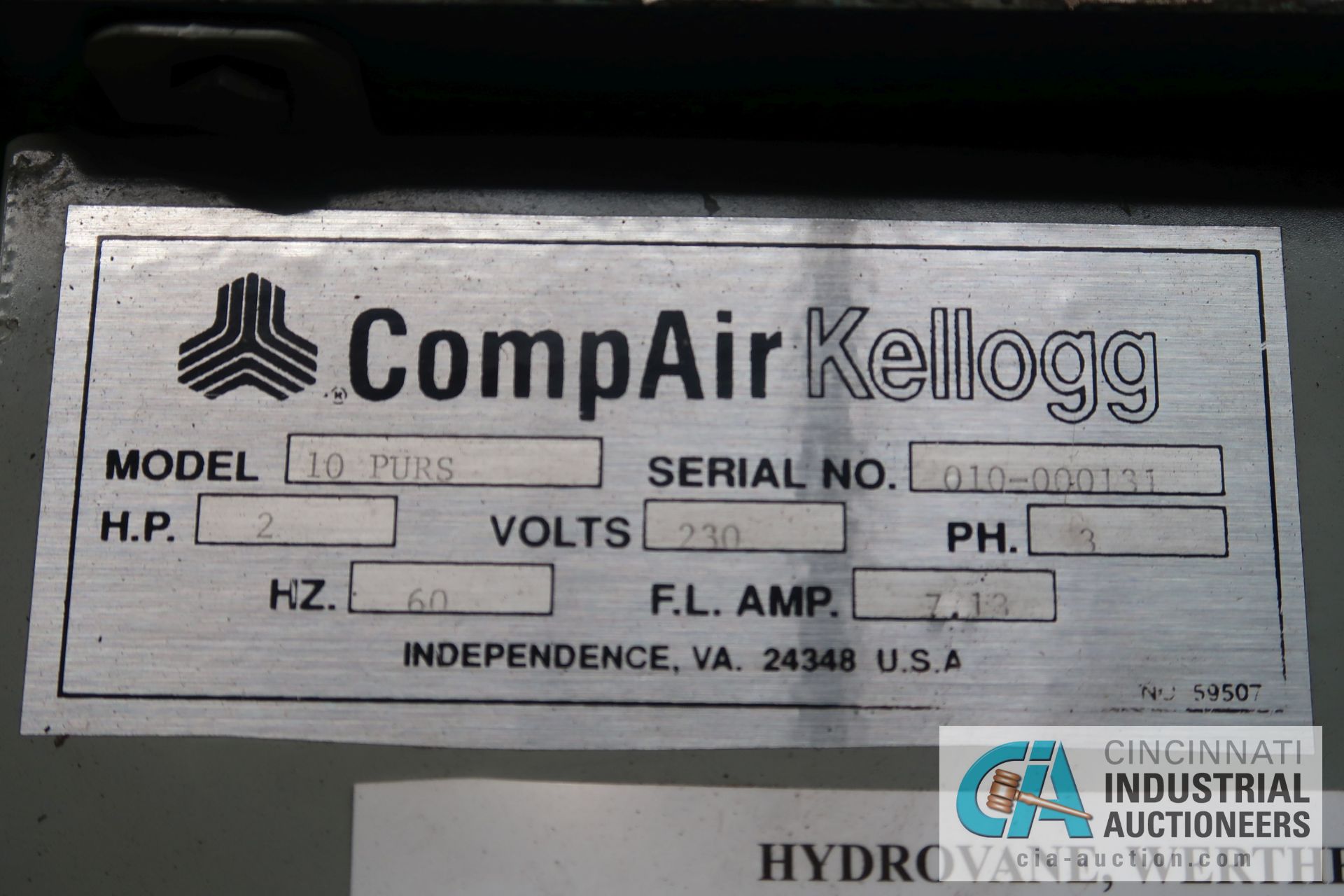 2 HP COMPAIR MODEL 10 PURS HORIZONTAL TANK AIR COMPRESSOR; S/N 010-000131, 3 PHASE, 230 VOLTS, HOURS - Image 7 of 7