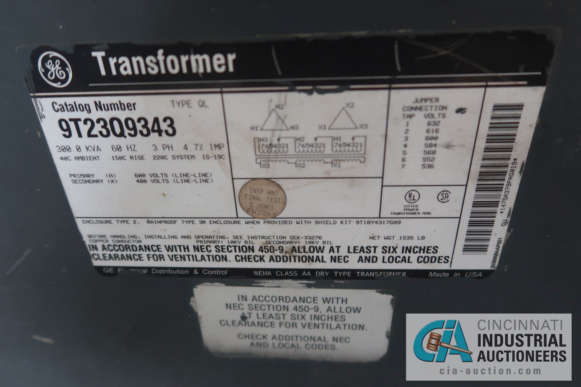 300 KVA GENERAL ELECTRIC NEMA CLASS AA DRY TYPE TRANSFORMER - Image 2 of 2