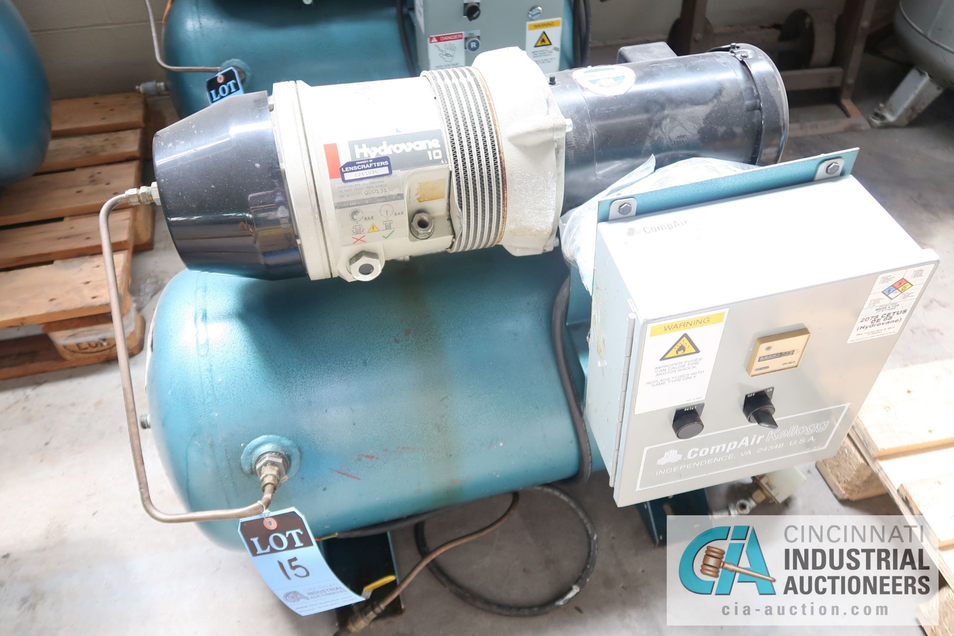 2 HP COMPAIR MODEL 10 PURS HORIZONTAL TANK AIR COMPRESSOR; S/N 010-000131, 3 PHASE, 230 VOLTS, HOURS