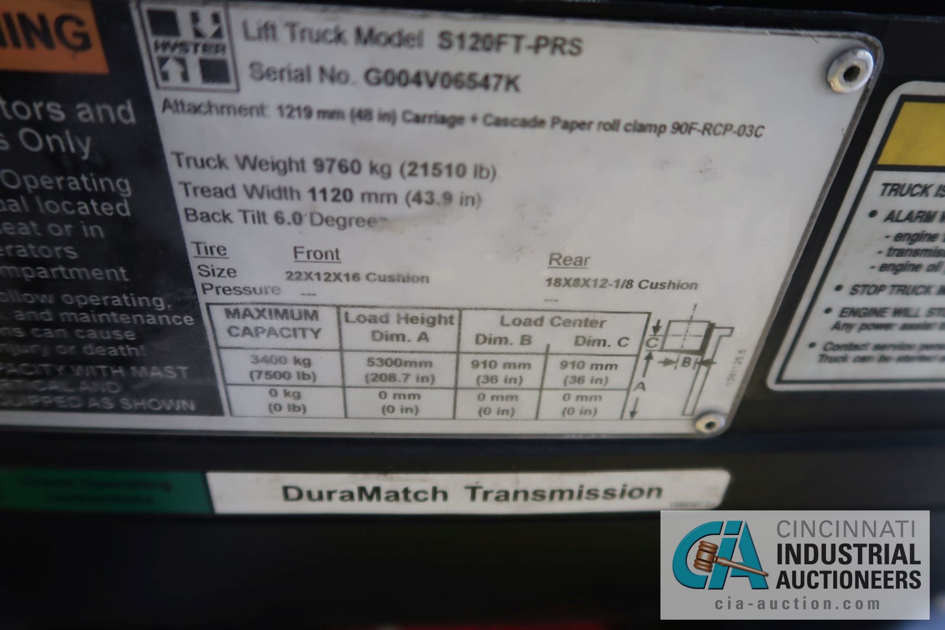 12,000 LB. HYSTER MODEL S120FT-PRS LP GAS CUSION TIRE THREE-STAGE MAST LIFT TRUCK; S/N - Image 9 of 12