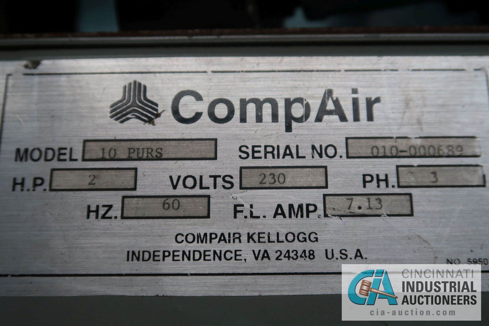 2 HP COMPAIR MODEL 10 PURS HORIZONTAL TANK AIR COMPRESSOR; S/N 010-000689, 3 PHASE, 230 VOLTS, HOURS - Image 6 of 6