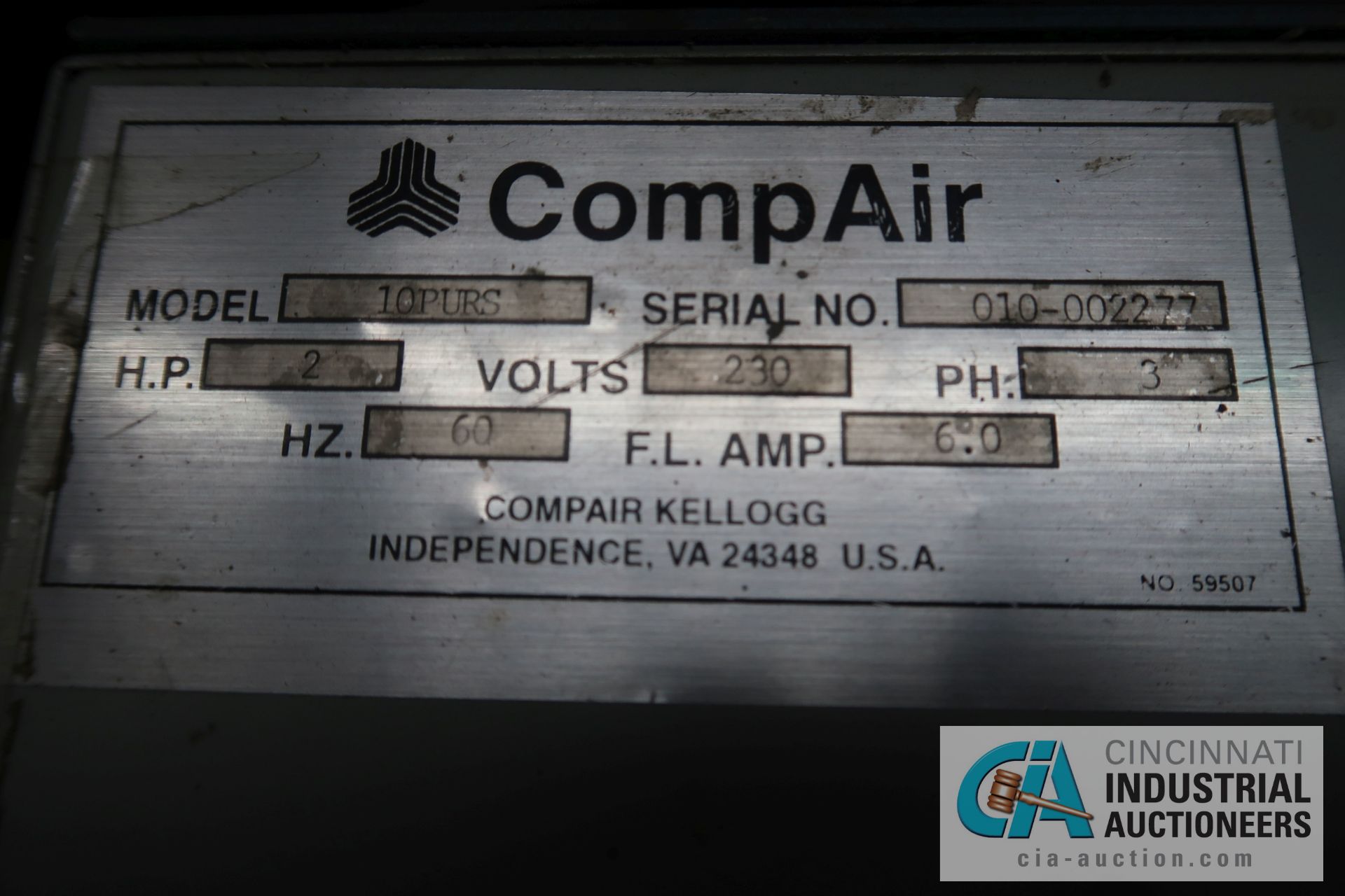 2 HP COMPAIR MODEL 10 PURS HORIZONTAL TANK AIR COMPRESSOR; S/N 010-002277, 3 PHASE, 230 VOLTS, HOURS - Image 6 of 6