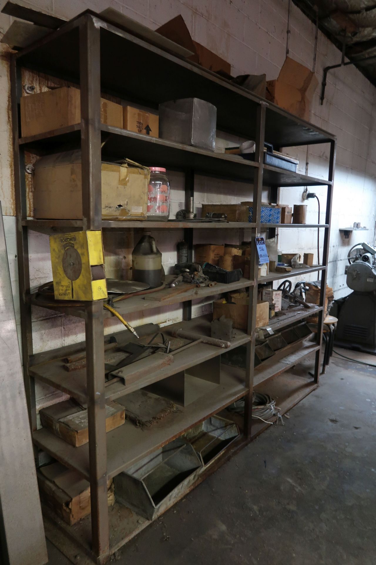 (LOT) MISCELLANEOUS HARDWARE WITH HEAVY DUTY STEEL SHELVING