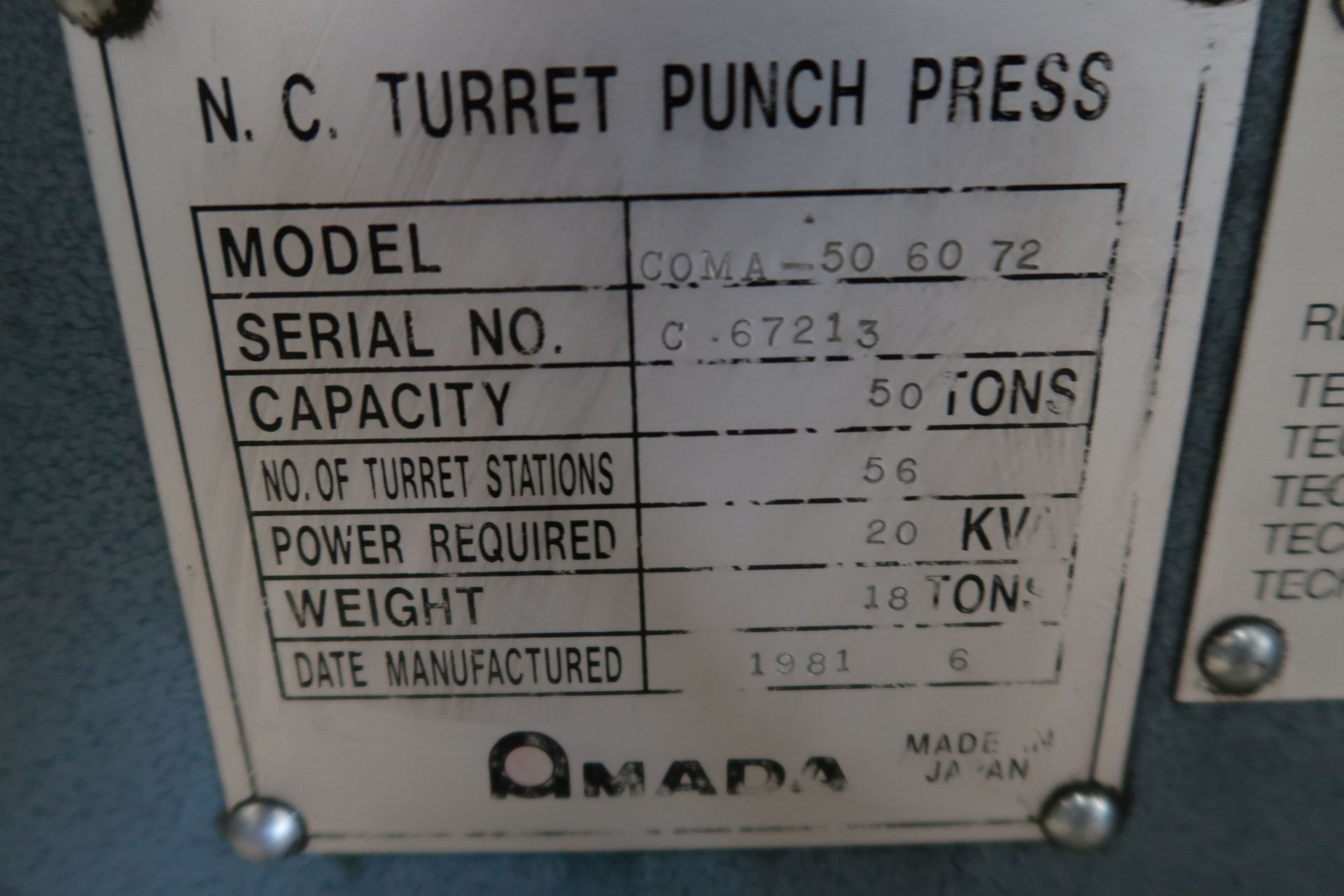 50 TON AMADA MODEL COMA 50-60-72 CNC TURRET PUNCH; S/N C67213, 60" THROAT, 56-STATION TURRET, - Image 31 of 38