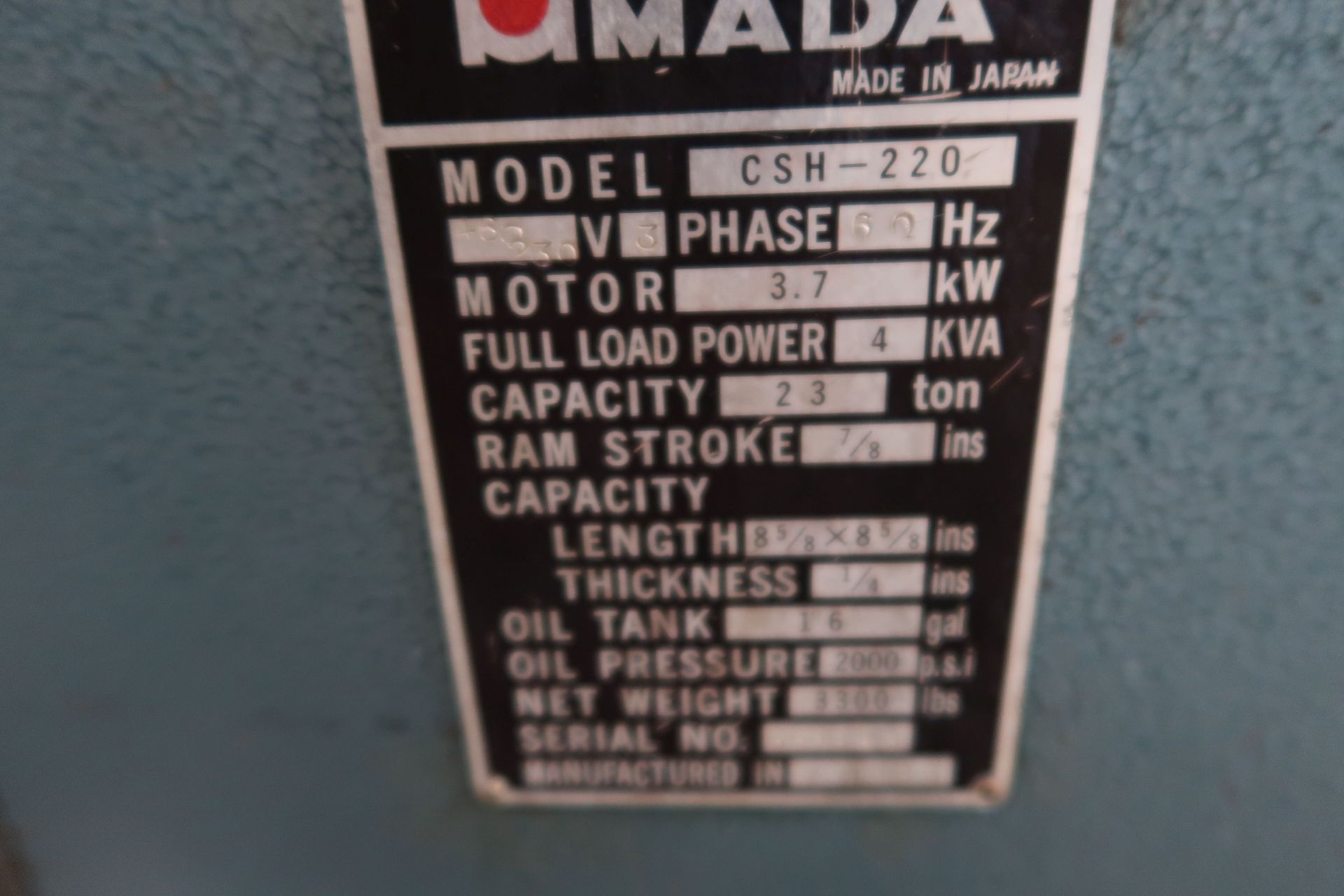 23 TON AMADA CSH-220 MODEL CSH-220 NOTCHER; S/N 550863, 8-5/8" X 8-5/8" LENGTH, 1/4" THICKNESS, 7/8" - Image 7 of 7