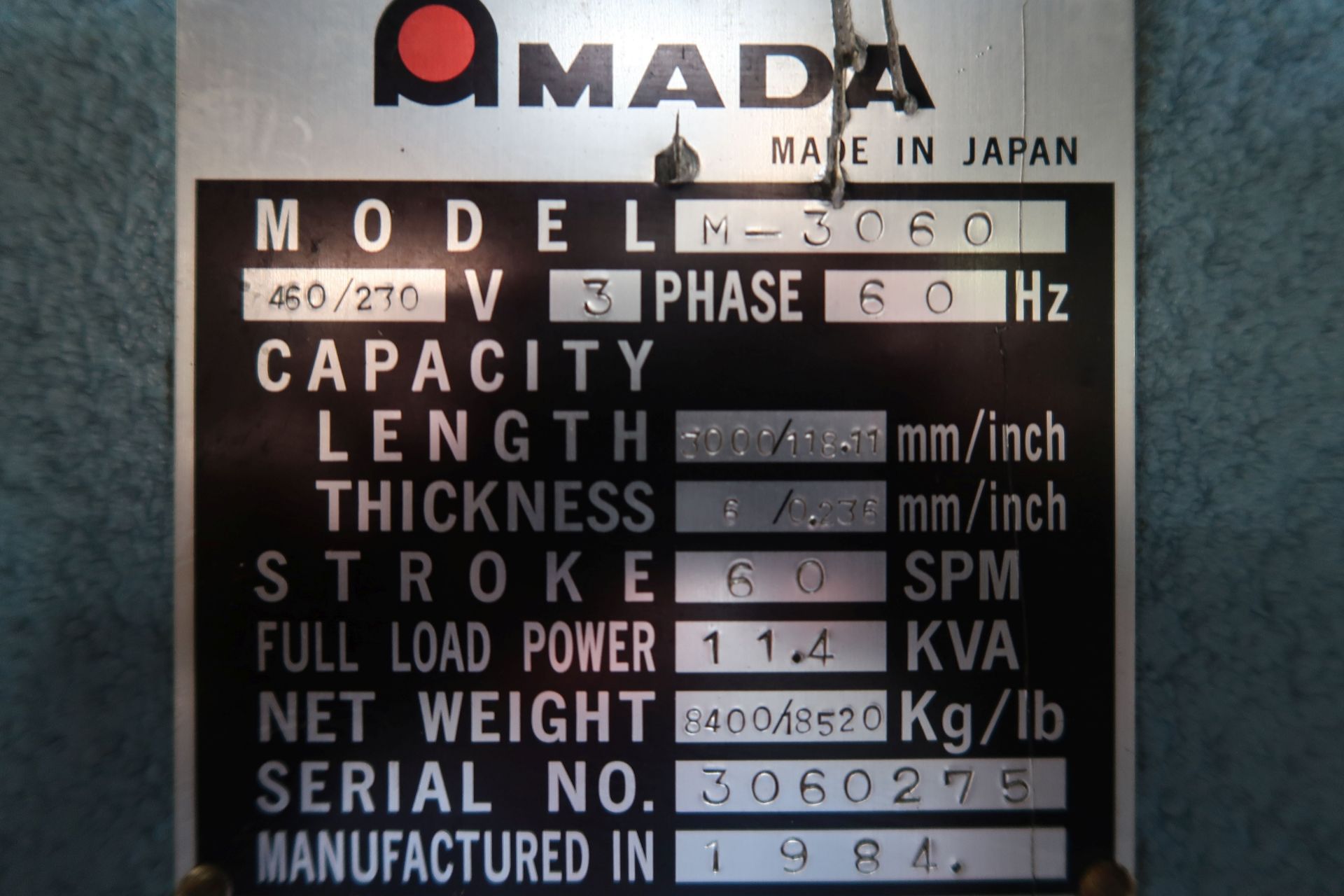 1/4" X 10' AMADA MODEL M-3060 SQUARING SHEAR; S/N 3060275 (NEW 1984), 3000/118.11 MM/INCH, 6/0.236 - Image 18 of 18