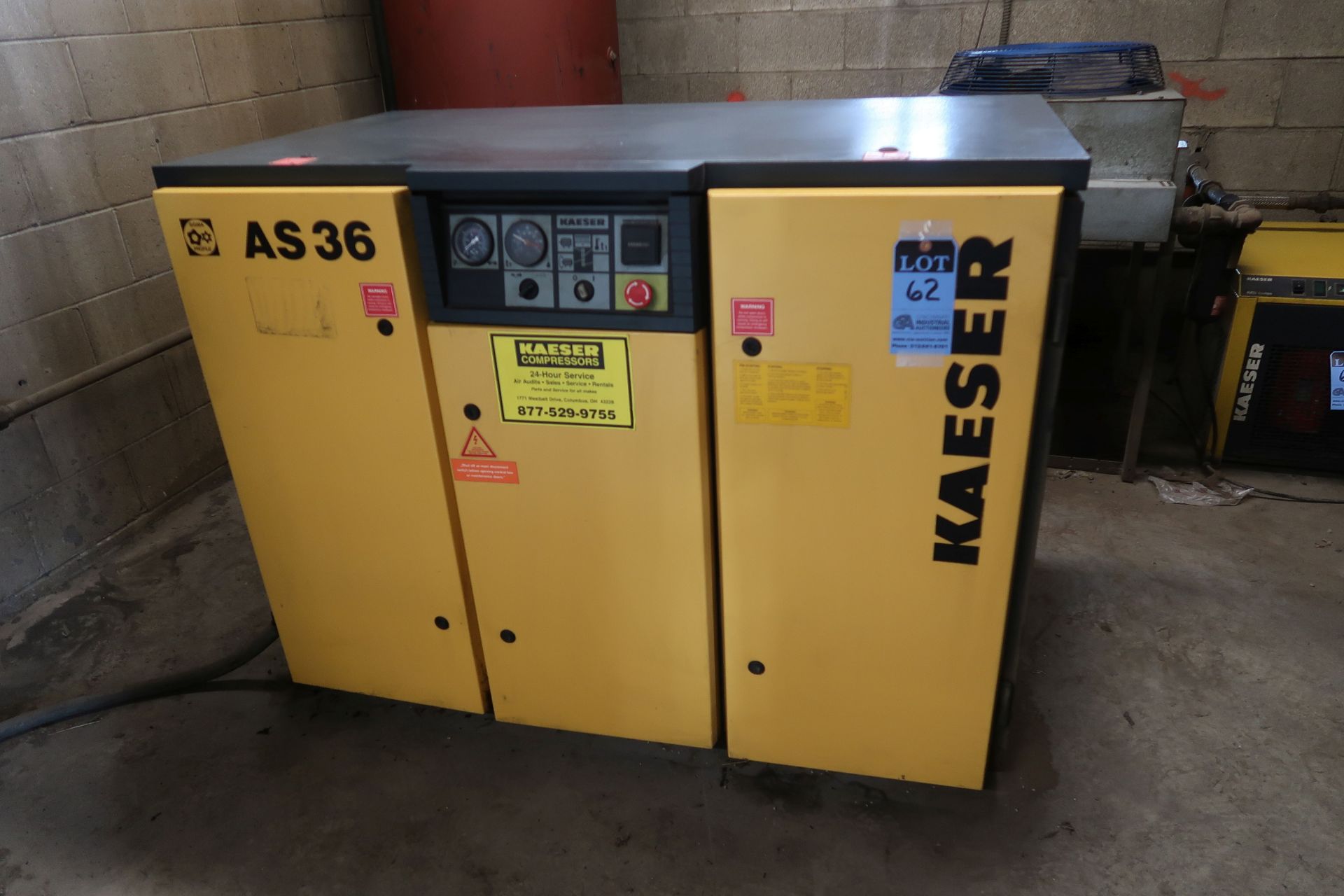 30 HP KAESER MODEL AS36 ROTARY SCREW CABINET ENCLOSED AIR COMPRESSOR; S/N 3611123, 49,860 HOURS