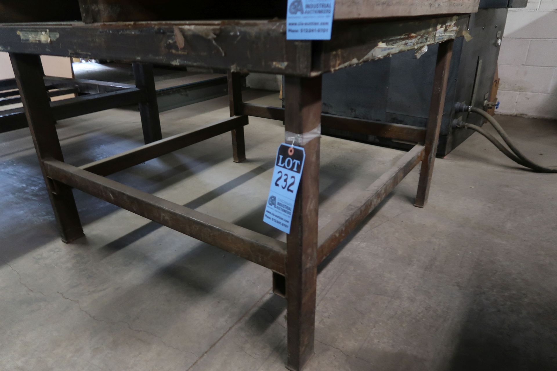 48" X 48" X 32" HIGH SHOP BUILT PORTABLE WELDED STEEL TABLE **NO CONTENTS** **DELAY REMOVAL - PICK