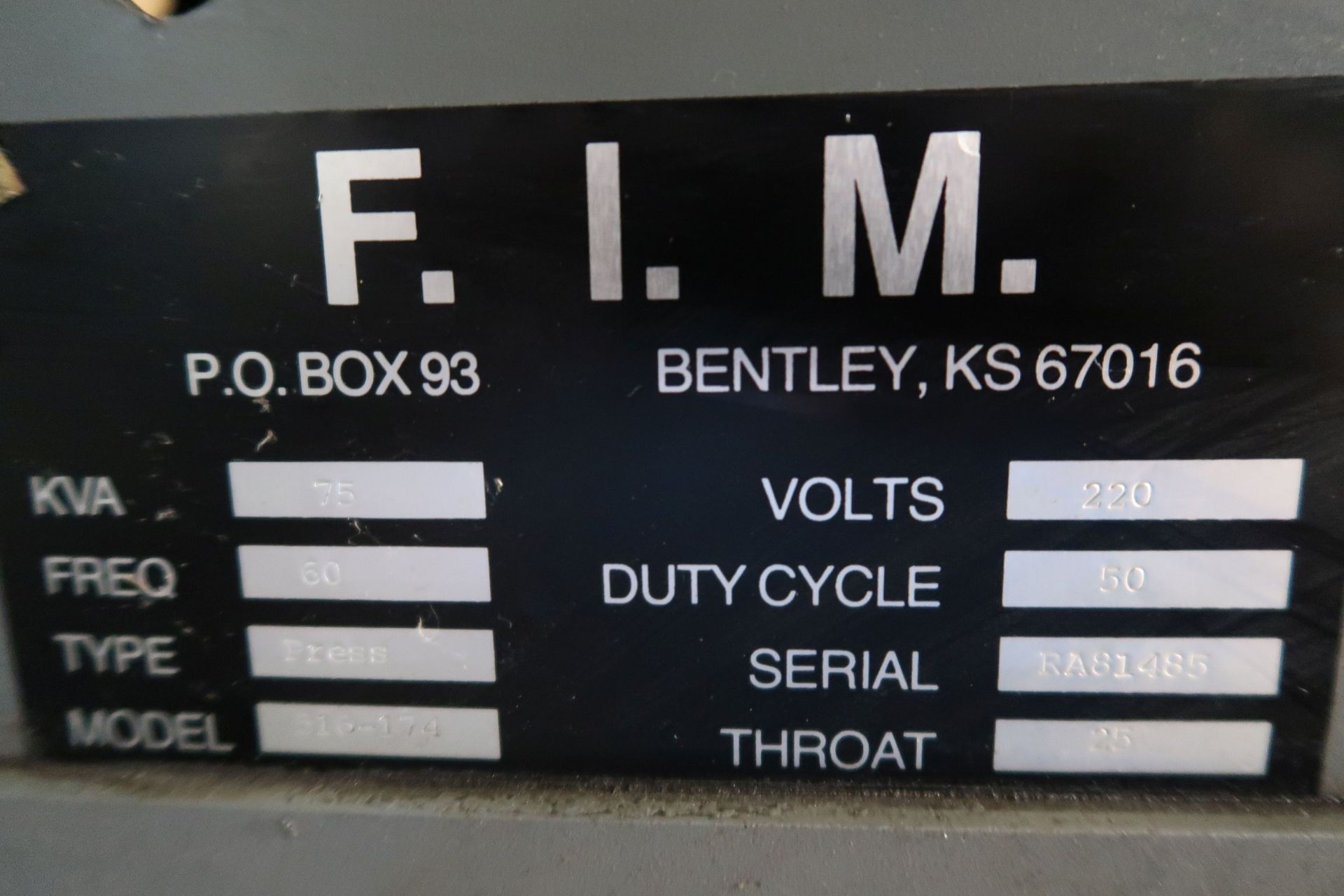 75 KVA FIM MODEL 516-174 PRESS TYPE SPOT WELDER; S/N RA81485, 25" THROAT, 220 VOLTS - Image 8 of 8