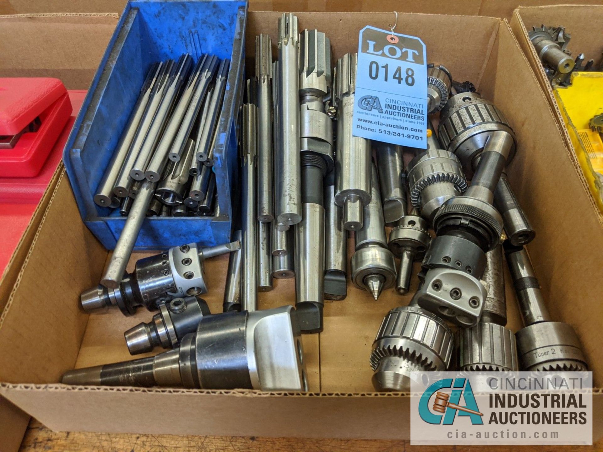 (LOT) BOX OF TOOLING; REAMERS, DRILL CHUCKS, LIVE CENTERS, ADJUSTABLE BORING HEADS