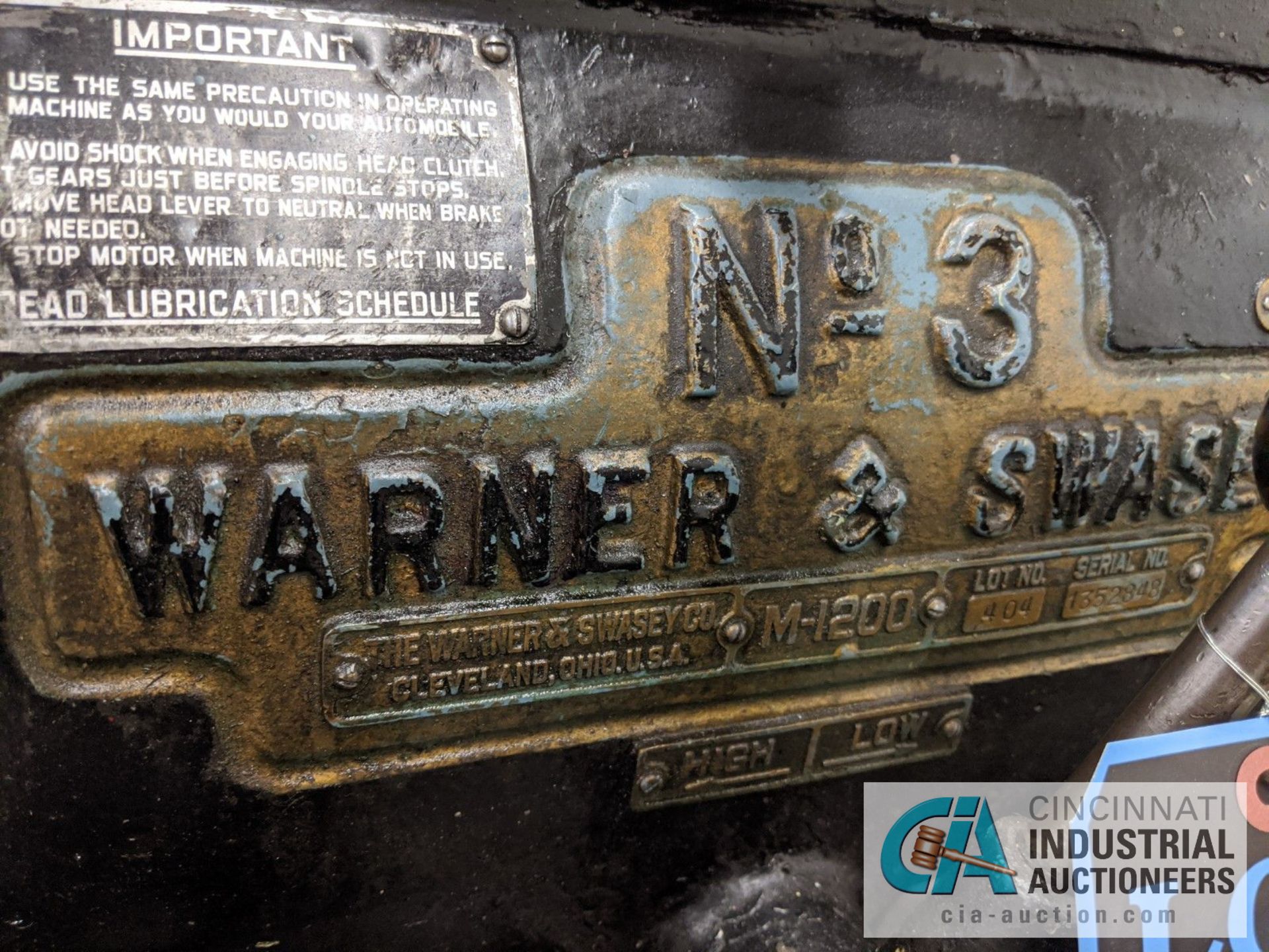 WARNER SWASEY NO. 3 / MODEL 1200 TURRET LATHE; S/N 1352848, 8" 3-JAW CHUCK, 6-POS.TURRET - Image 3 of 6