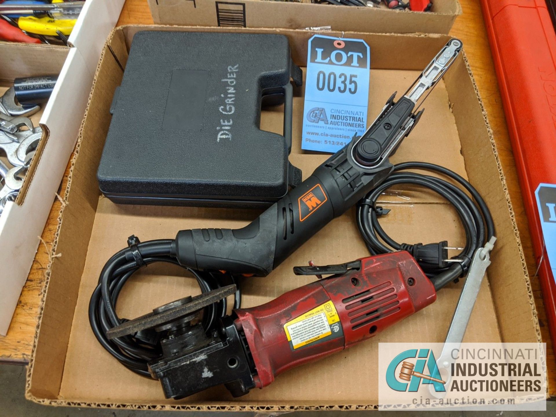 (LOT) CHICAGO ELECTRIC ANGLE GRINDER, WEN 1/2" HAND HELD BELT SANDER, 1/4" PNEUMATIC DIE GRINDER