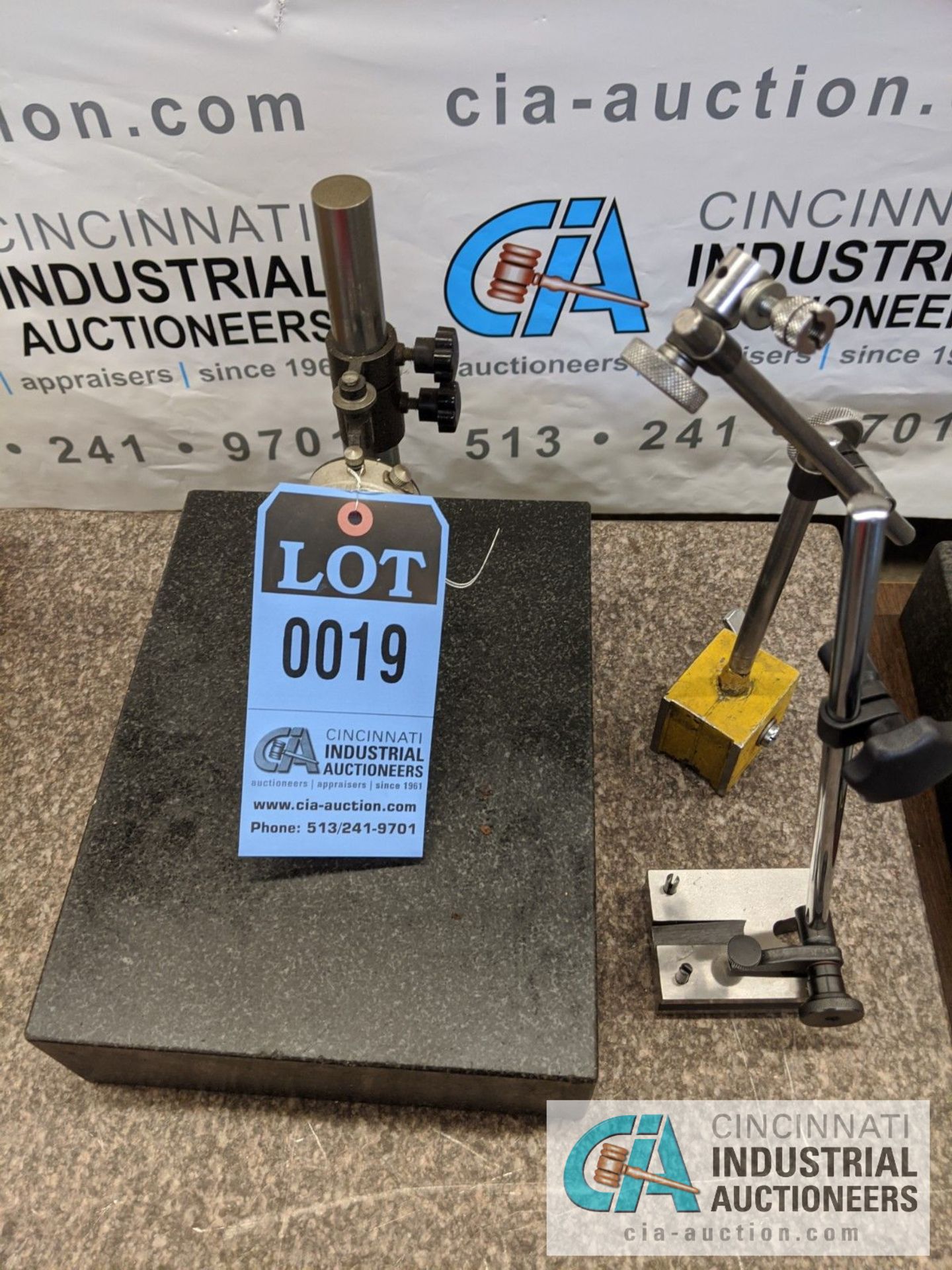 9" X 12" GRANITE PLATE WITH DIAL INDICATOR AND (2) INDICATOR STANDS