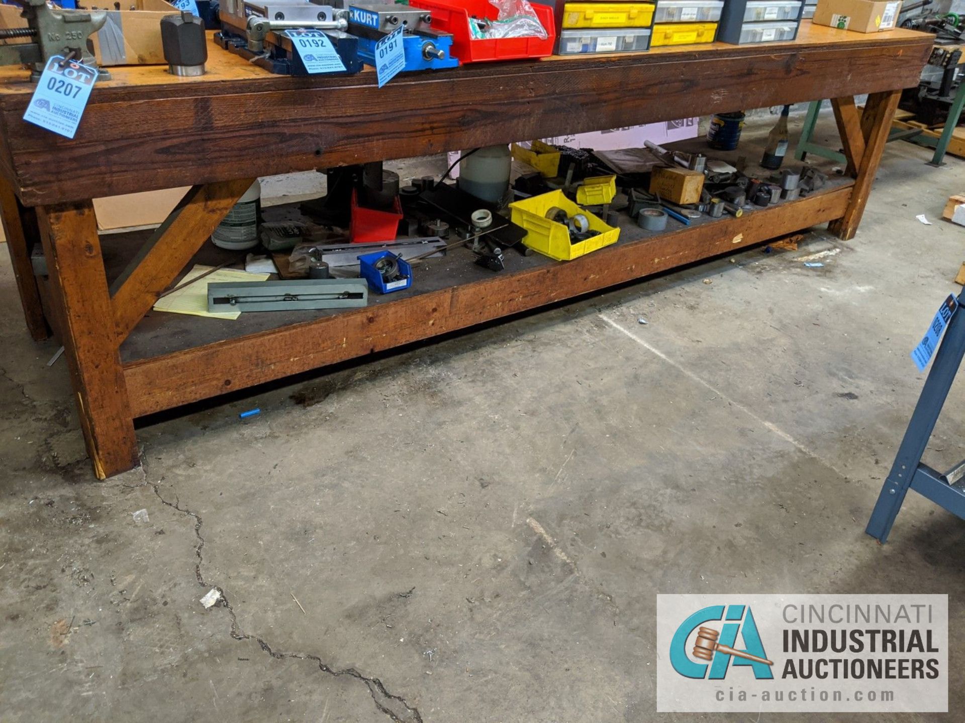 42" X 144" BENCH WITH VISE AND 40 TAPER TOOLS CHANGE FIXTURES AND WRENCHES