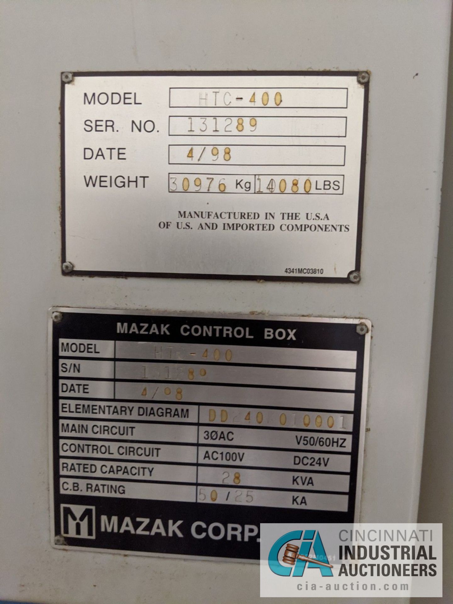 MAZAK MODEL HTC DUAL PALLET CNC HORIZONTAL MACHINING CENTER; S/N 131289, 16" X 16" PALLET SIZE, - Image 8 of 11