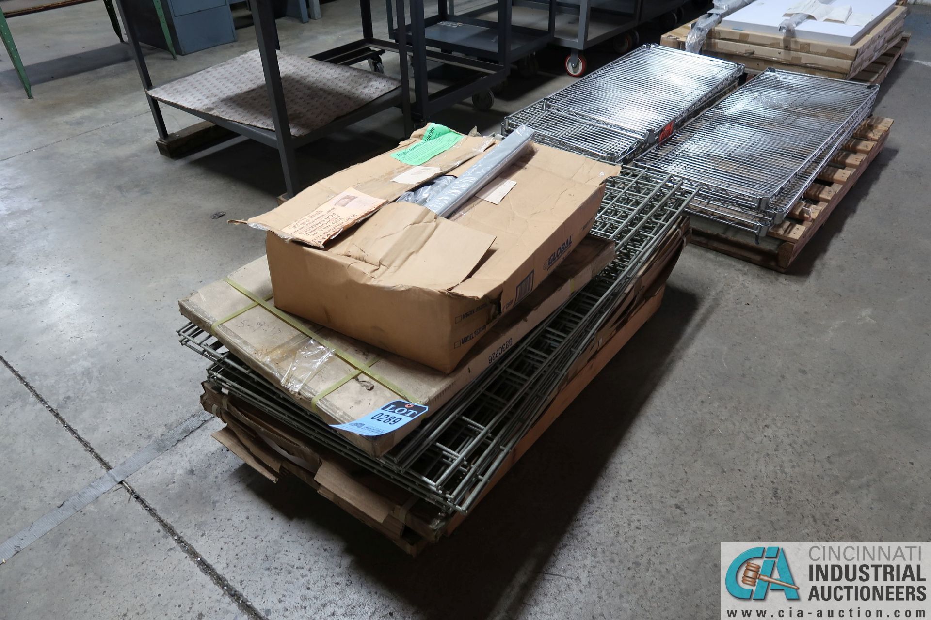 (LOT) GLOBAL WIRE DECKING, METRO RACK SHELVING AND EUROPEAN STYLE WORK STATION BENCH RETURNS