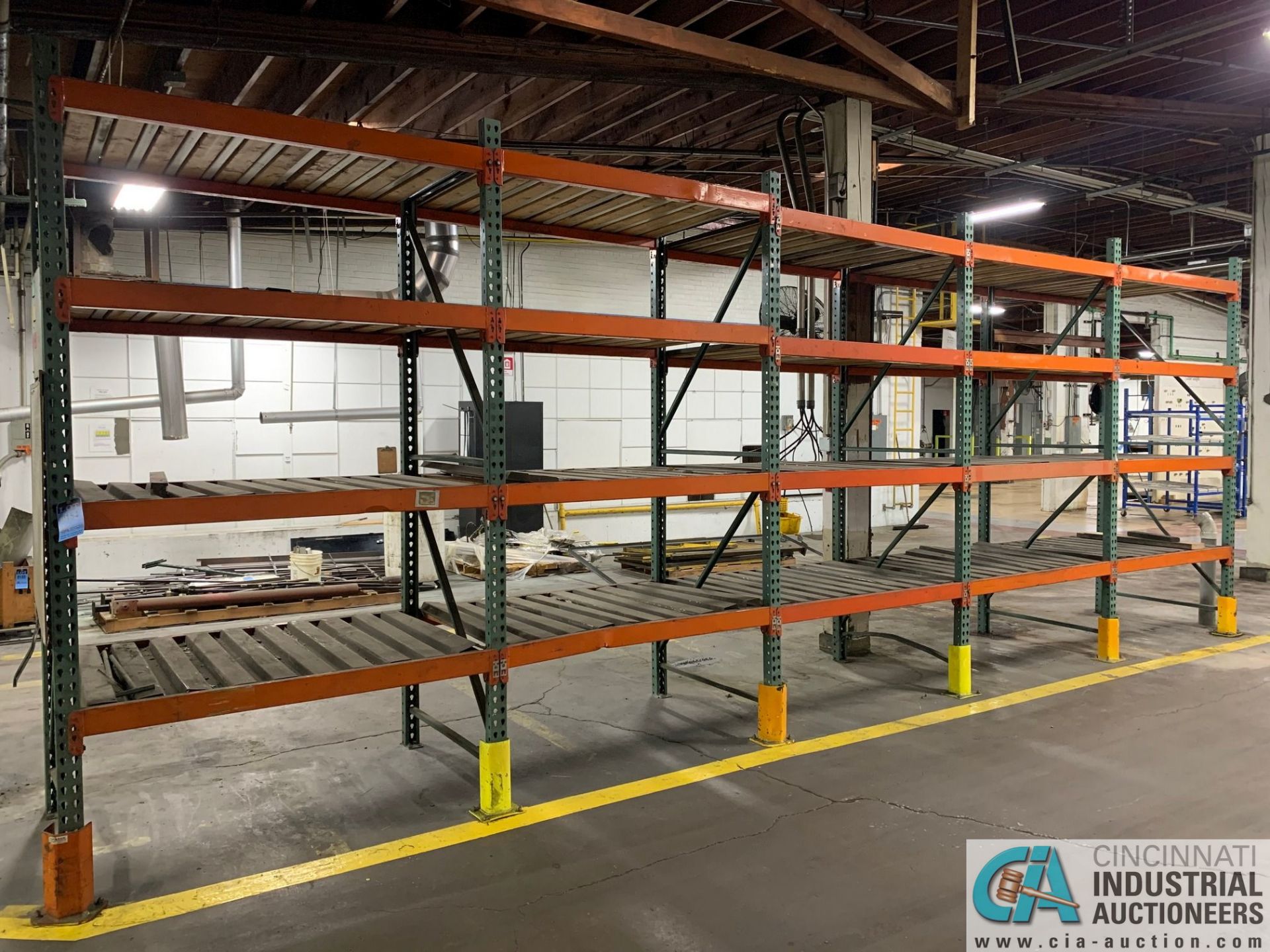 Sections 44" Deep x 5' Wide x 9.5' High Green and Orange Rack with Corrugated Decking, (40) 5' x