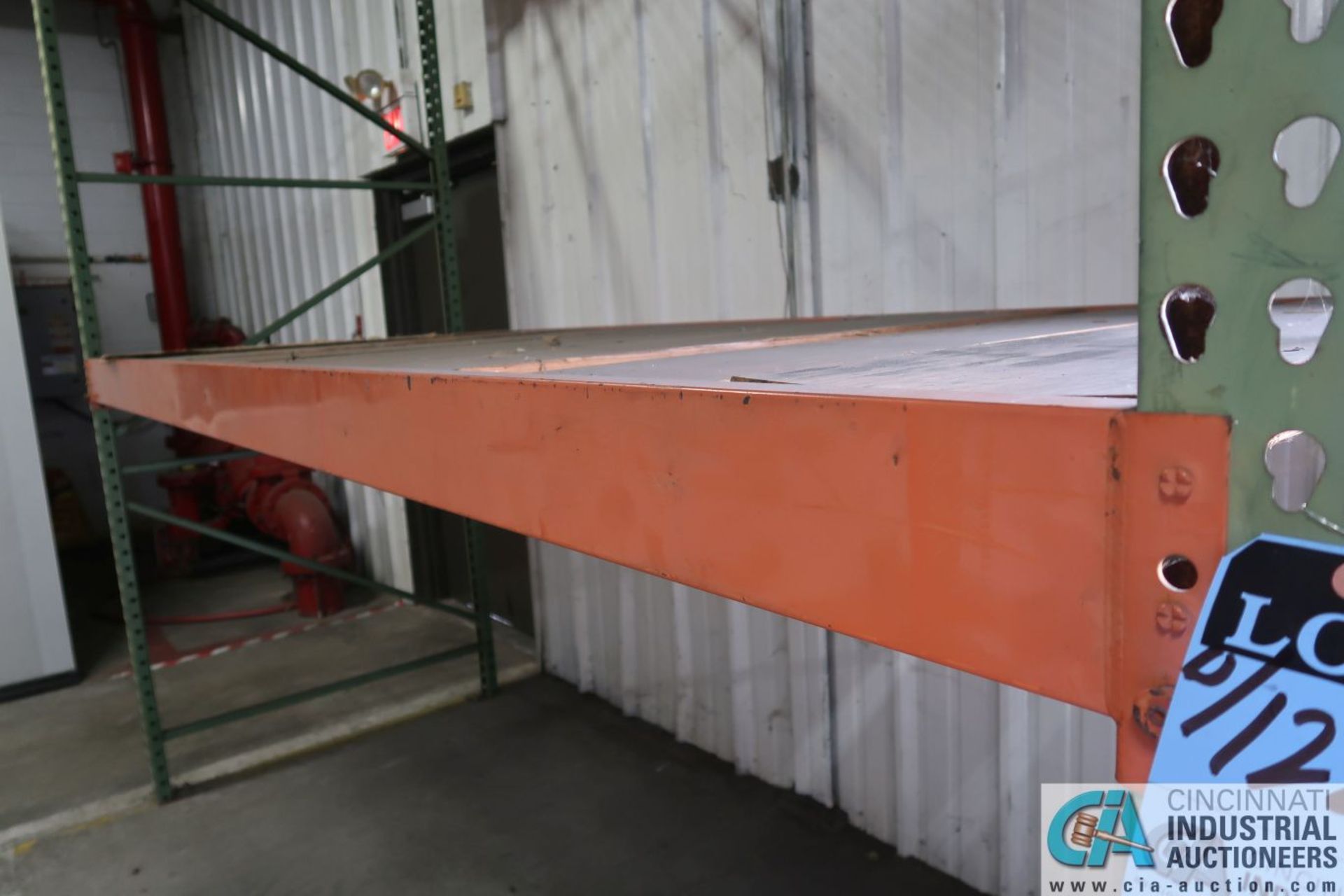 Free-Standing Sections Orange and Green Pallet Rack Along Dock Wall (8) Uprights, (14) Beams, (12) - Image 6 of 17