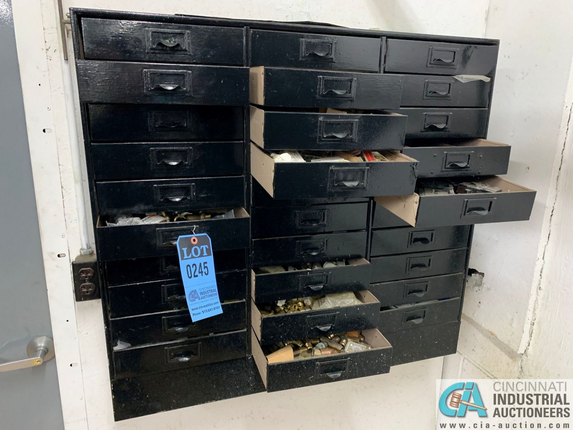 (LOT) 30-DRAWER WALL MOUNT CABINET WITH MAINTENANCE PARTS