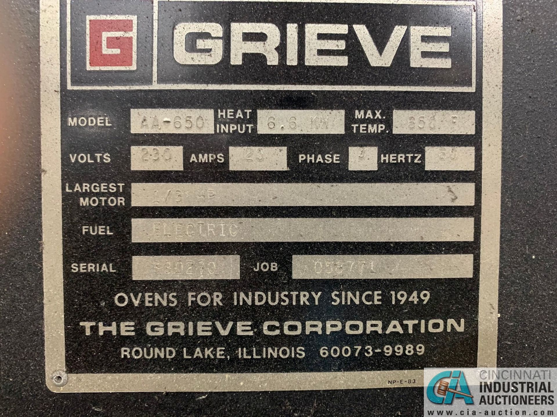 GRIEVE MODEL AA-650 ELECTRIC OVEN; S/N 330270, 650 DEGREE MAX TEMP, 24" X 24" X 20" HIGH MULTI-LEVEL - Image 3 of 6