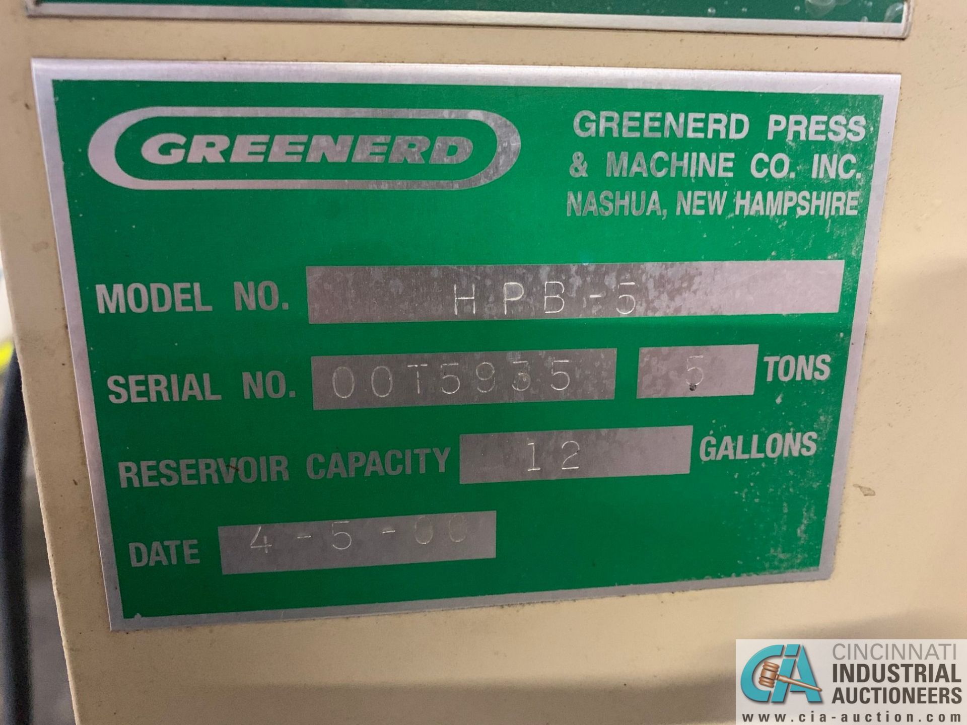 5 TON GREENERD HPB-5 HYDRAULIC PRESS; S/N T5935 (NEW 2000) WITH TABLE - Image 4 of 6