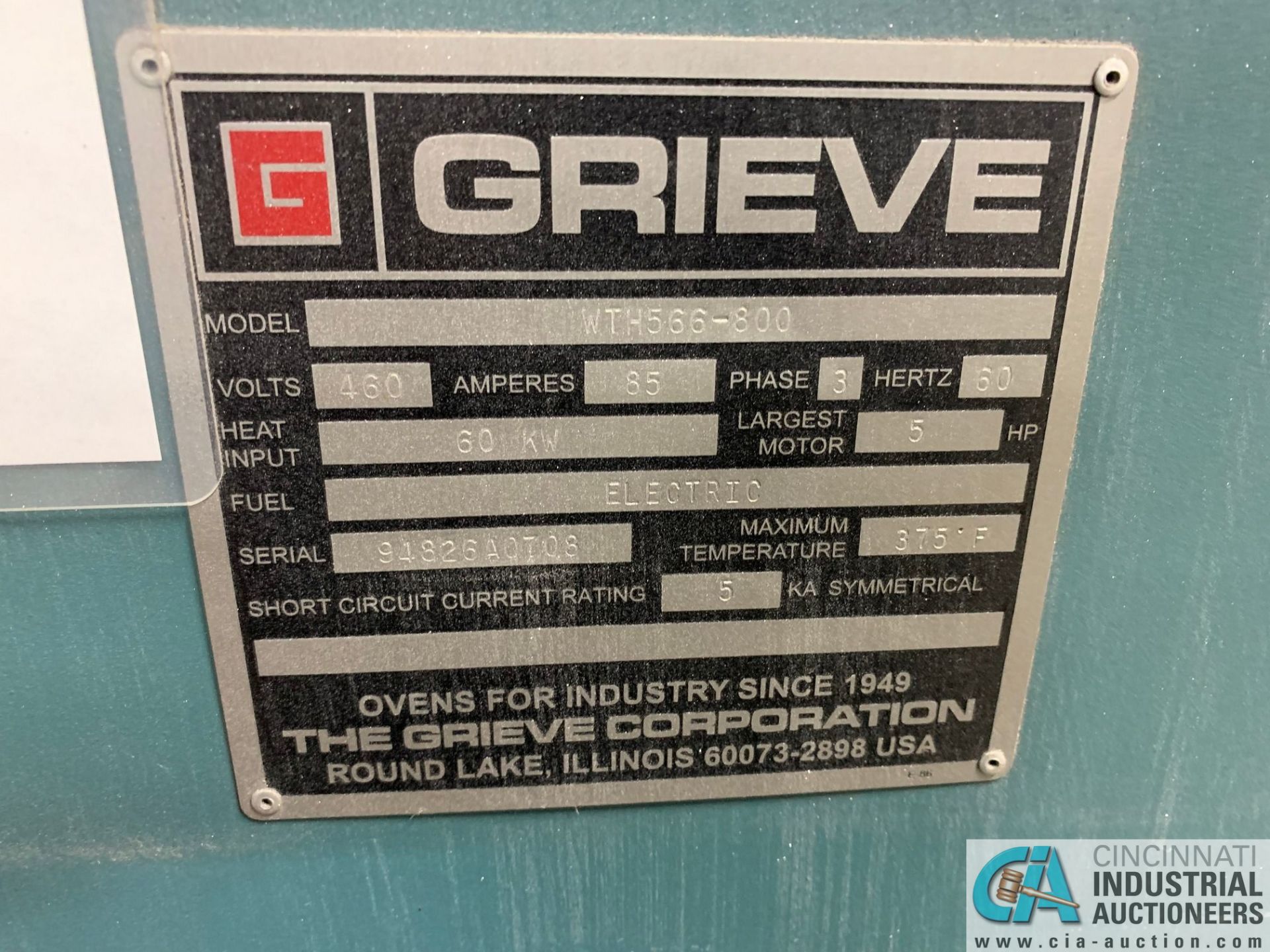 5' X 6' X 7' HIGH (APPROX.) GRIEVE MODEL WTH-566-800 ELECTRIC BATCH OVEN; S/N 94826A0708, 375 DEGREE - Image 7 of 12
