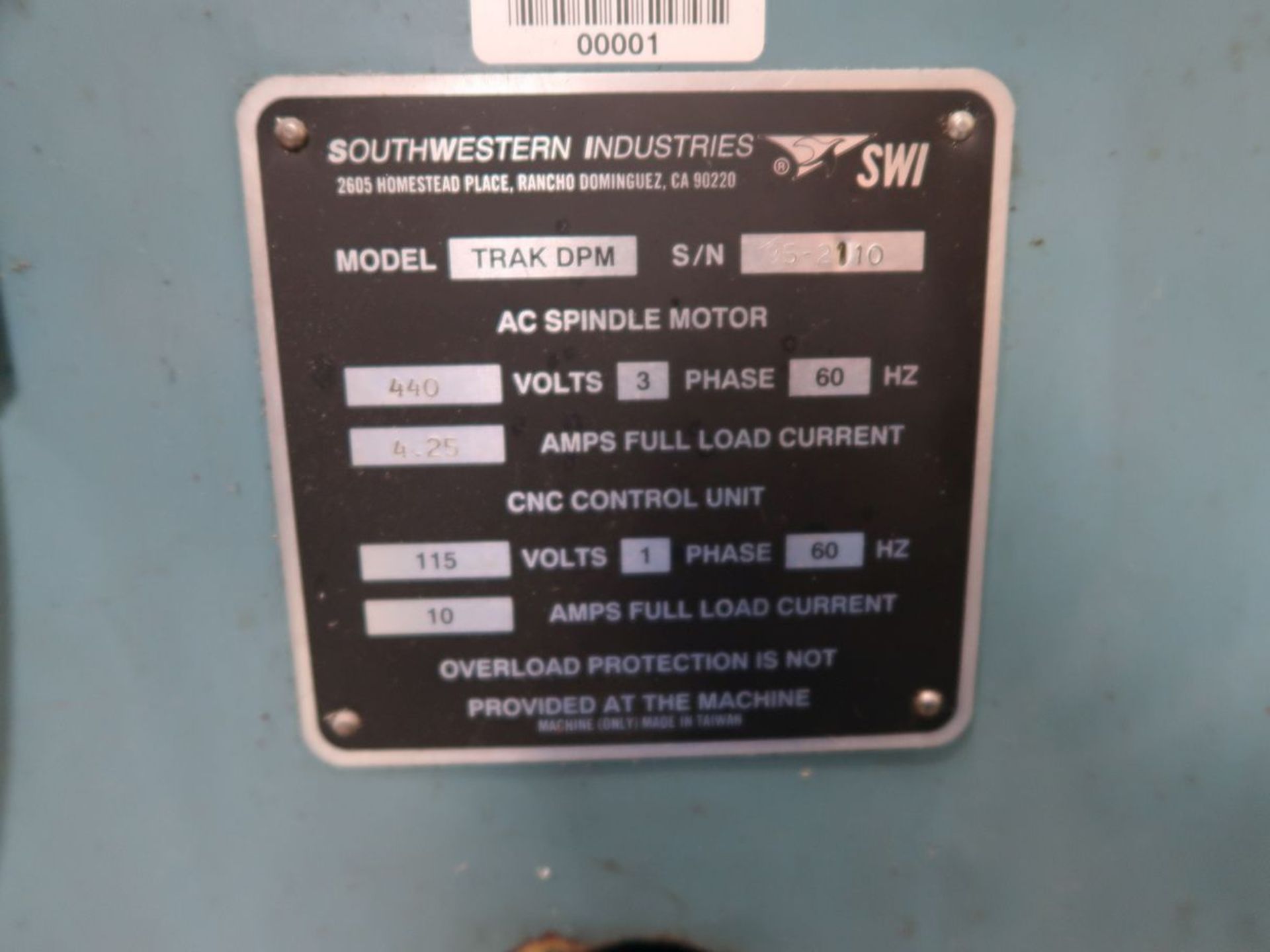 5-HP SWI TRAK DPM CNC VERTICAL BED TYPE MILLING MACHINE; S/N 95-2110-1995-00001, SWI PROTO TRAK - Image 7 of 7