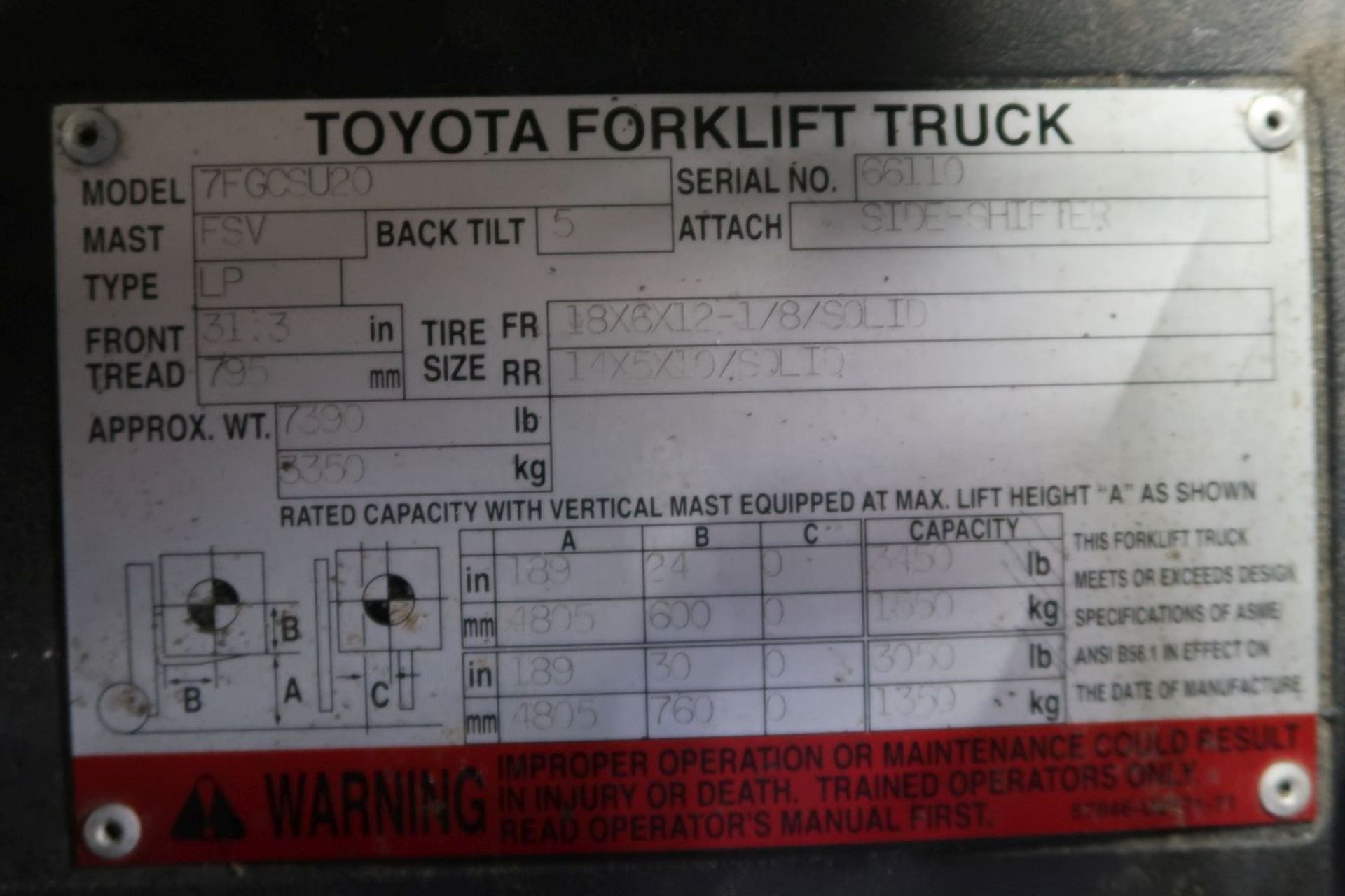 **3,500 LB. TOYOTA MODEL 7FGCSU20 LP GAS SOLID TIRE LIFT TRUCK; S/N 66110-0338, 3-STAGE MAST, 82" - Image 8 of 8